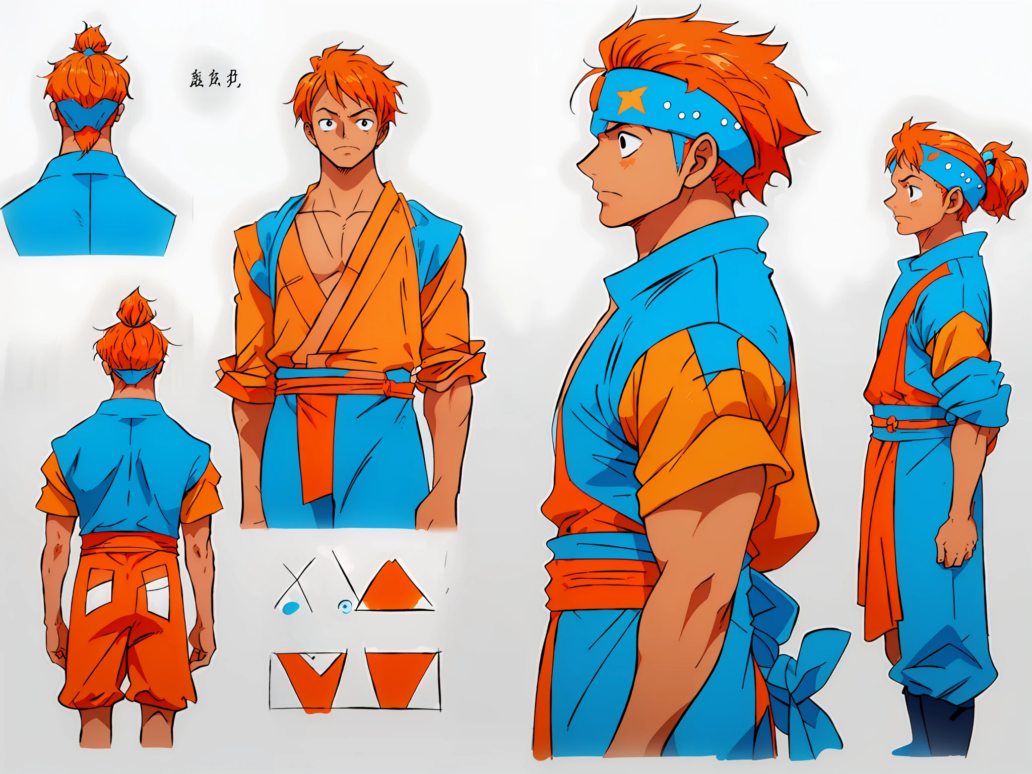 ((masterpiece)),(((best quality)),(character design sheet, same character, front, side, back), illustration, 1 man, orange hair color, fax hairstyle, eyes, room change scene, Fax, Zitai pose, Male, Star, Charturnbetalora, blue and orange clothing color (single background, white background: 1.3), --6