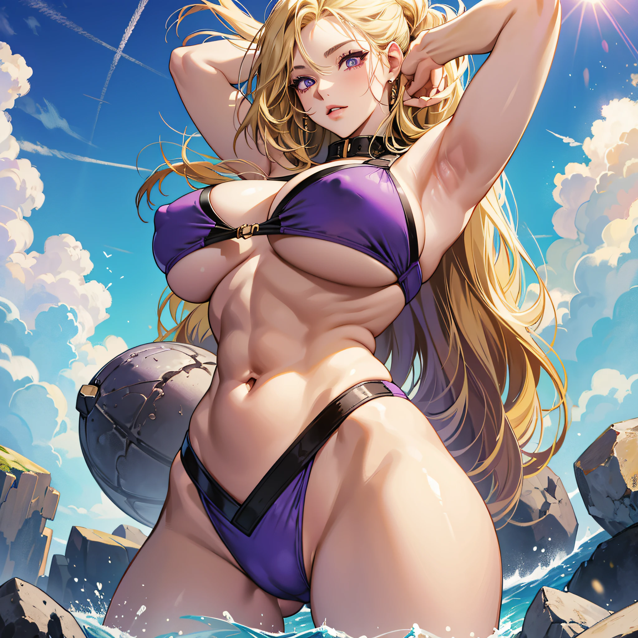Two-dimensional style, bikini, blonde, purple eyes, big belly, abs, muscles, big breasts, huge breasts, huge breasts, big breasts, giantess, huge belly button, deep belly button, deep belly button, deep belly button --auto --s2