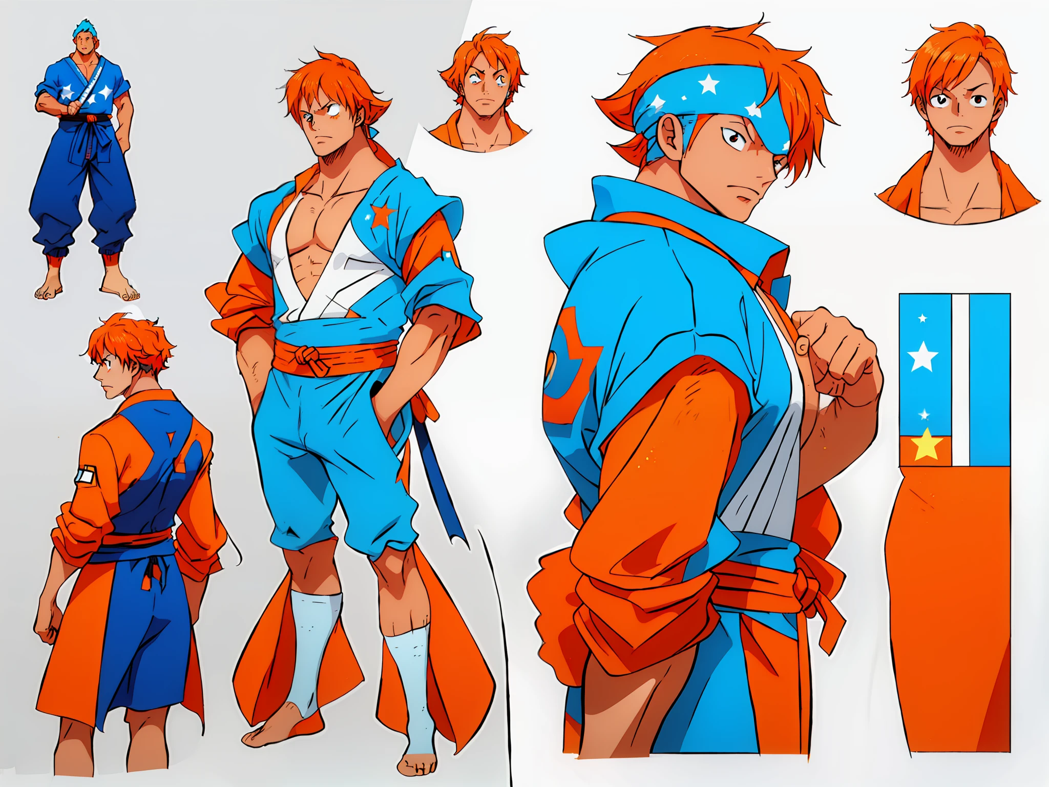 ((masterpiece)),(((best quality)),(character design sheet, same character, front, side, back), illustration, 1 man, orange hair color, fax hairstyle, eyes, room change scene, Fax, Zitai pose, Male, Star, Charturnbetalora, blue and orange clothing color (single background, white background: 1.3), --6