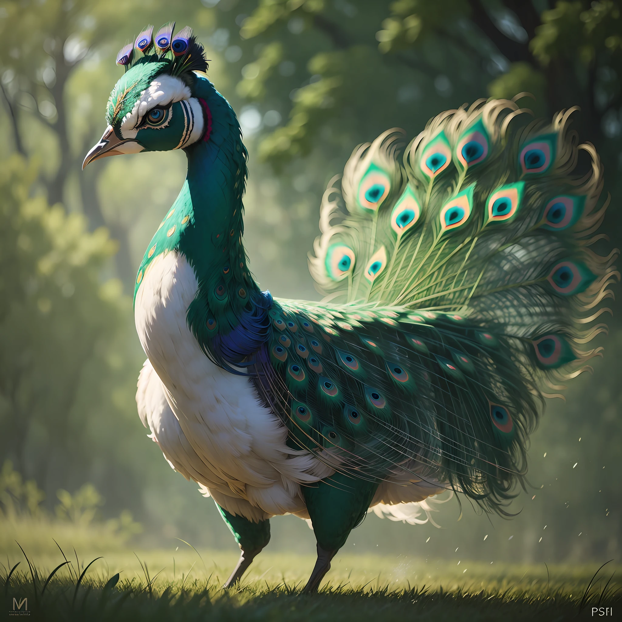 The Dance of the Peacock, misty pastoral background, intense interplay of light and shadows, fast shutter speed, dynamic action and movement --auto --s2