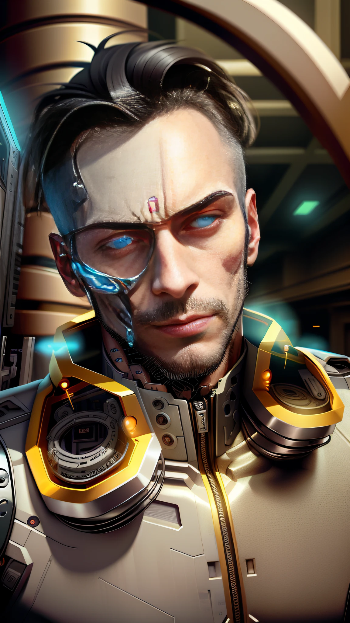 A cybernetic man in the range of 27 years old, muscular stereotype, with cowboy hat (mechanical parts: 1.5), fighting, bright eyes, short hair, tight supersuit torn, in a destroyed city, smoke and fire, aura of brilliant power, dynamic pose, dynamic vision, hyper detailed, 8k quality, with tattoo on the arm, mechanical roman watch on the chest, merge images,  hyper realism. Enjoy original photo base, mechanical and human bust. With gray goatee and gray hair.