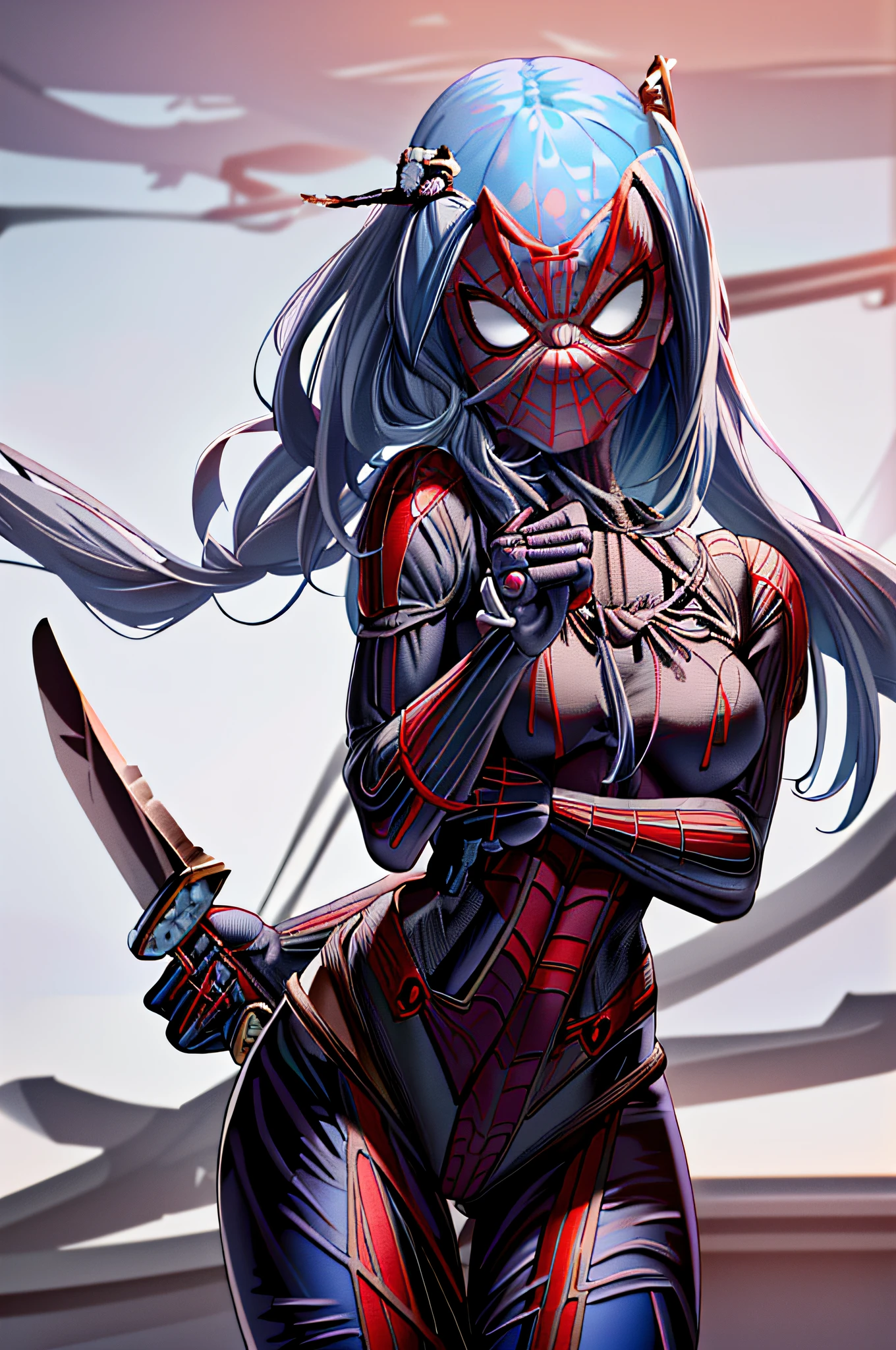 masterpiece, best quality, highres, kei1, 1girl, solo, blue eyes, long hair, ((((wears a detailed female black spiderman costume with full mask and is wearing an ice katana to fight))) , ribbon, bangs, long hair and price, collar bone, gray hair, black hair band, neck ribbon, hair between eyes, medium-sized breasts, cowboy shot, smile, ((detailed anatomically correct body with detailed hands without errors)), complete detallado escenario