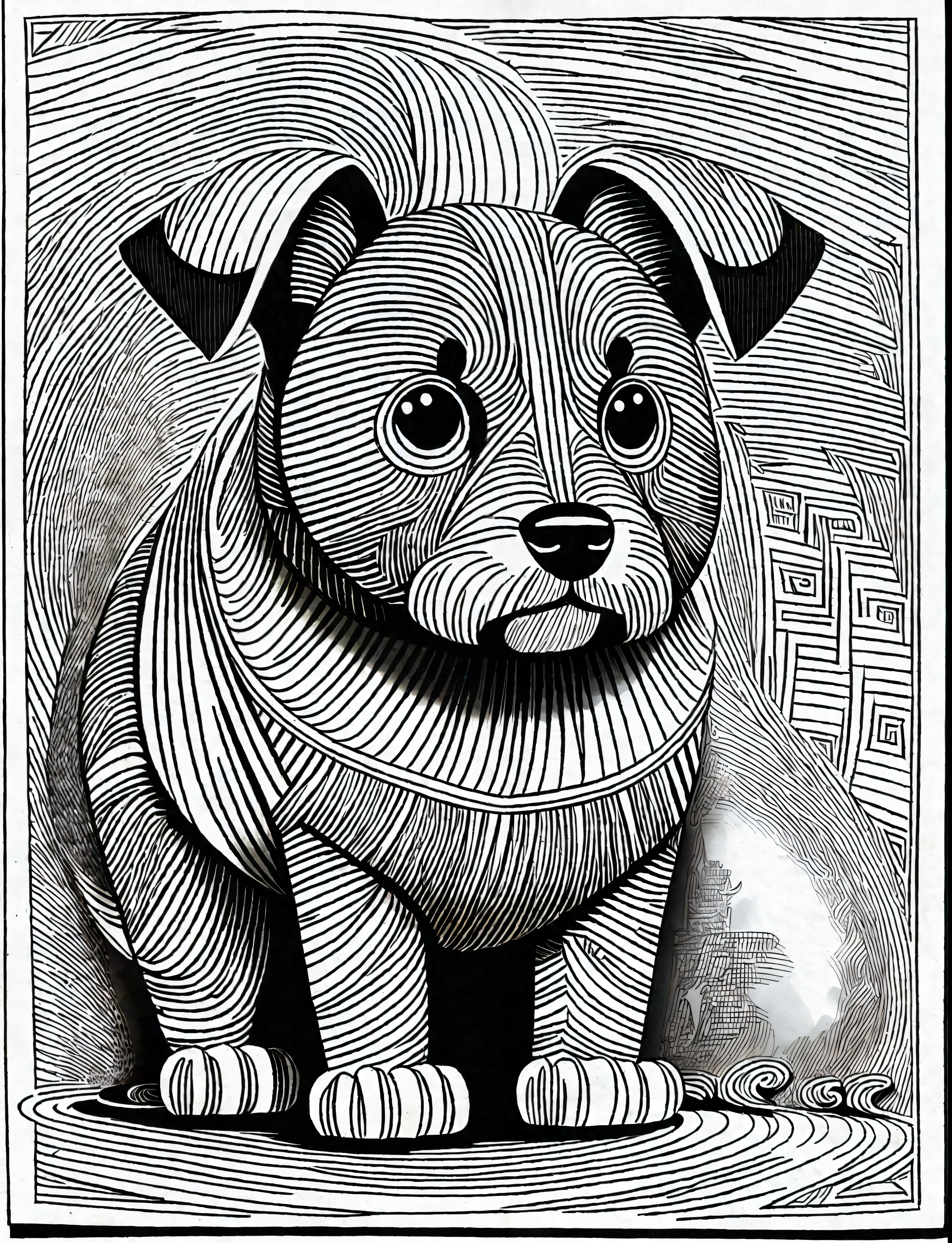 a Brazilian Terrier style dog, fantasy, magical, mystical, unusual, black and white, wavy lines, realistic line art drawing, coloring book page, no noise, sharp thick lines, contour art, centered image, isolated on a white background --auto --s2