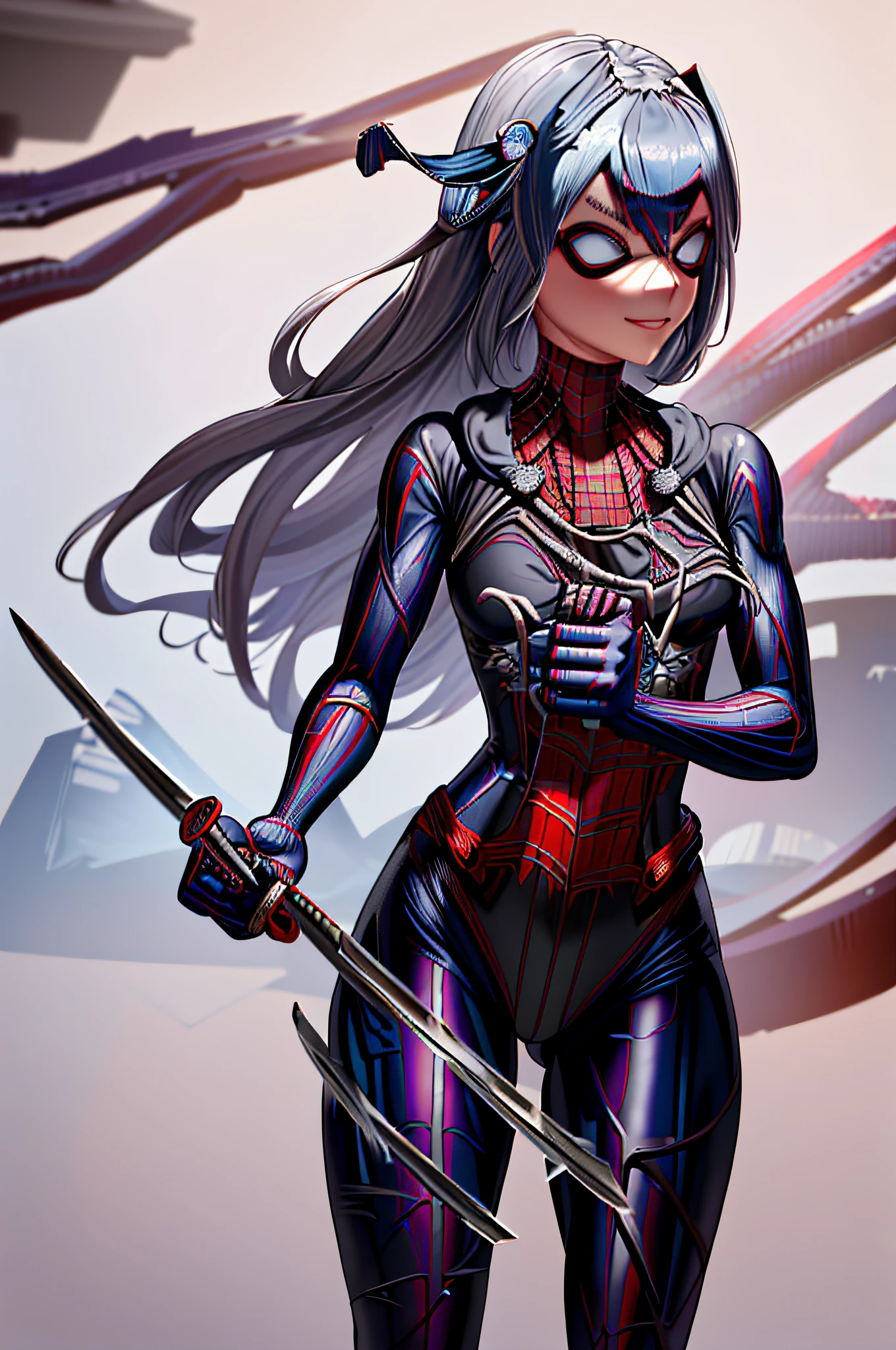 masterpiece, best quality, highres, kei1, 1girl, solo, blue eyes, long hair, ((((wears a detailed female black spiderman costume with full mask and is wearing an ice katana to fight))) , ribbon, bangs, long hair and price, collar bone, gray hair, black hair band, neck ribbon, hair between eyes, medium-sized breasts, cowboy shot, smile, ((detailed anatomically correct body with detailed hands without errors)), complete detallado escenario