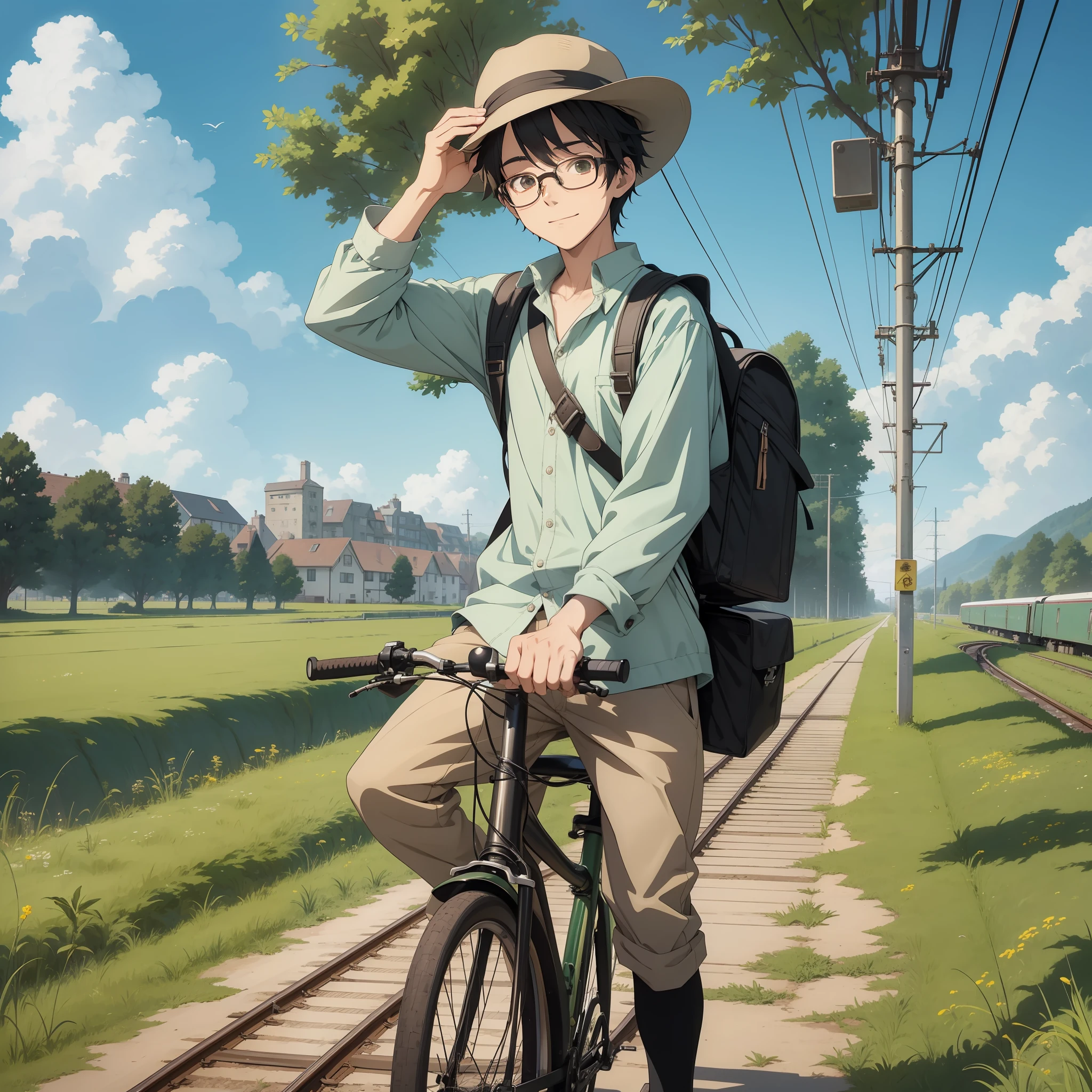 Young man, 18 years old, anime style, black hair, prescription glasses, happy expression, wearing beige peasant hat, wearing backpack, school clothes, in a green field inside the, a moving train in the background, a bicycle thrown on the ground, ghibli movies style