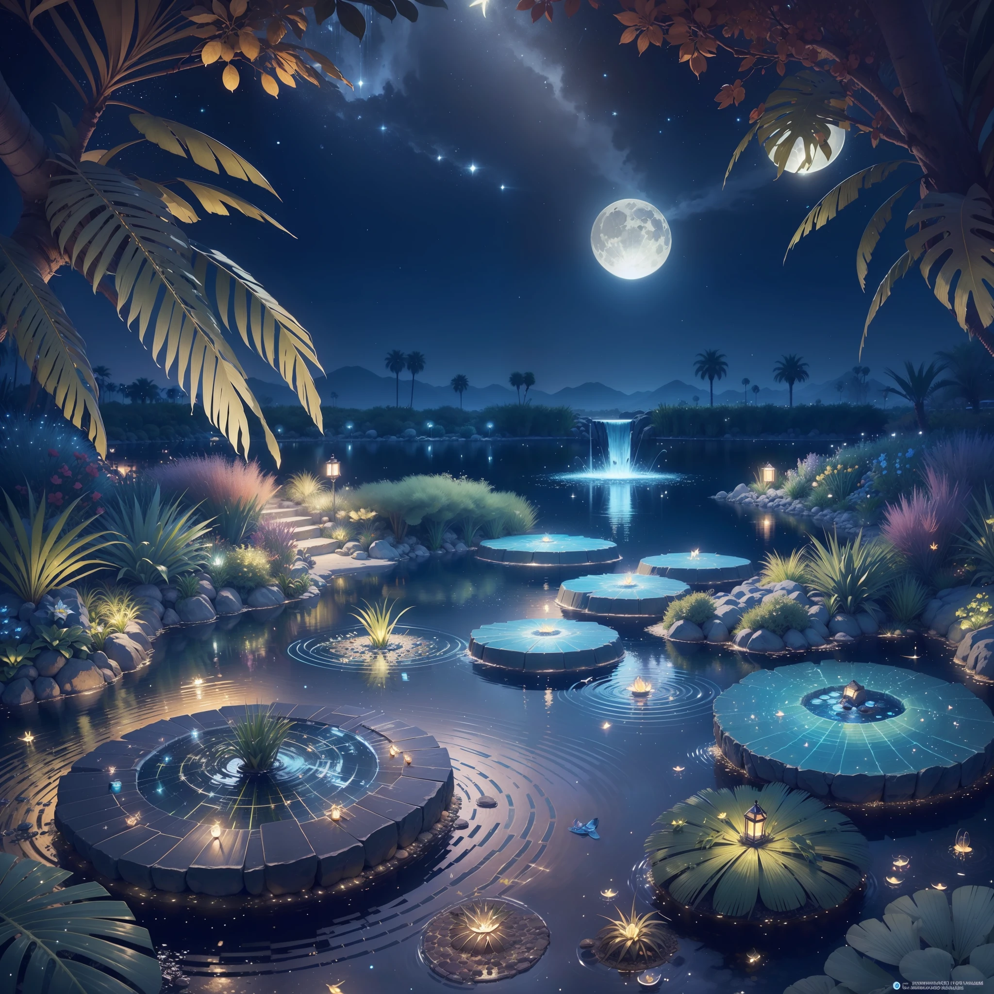 Small oasis with a small lake with a small ((waterfall)) and with three palm trees, in the center of a desert. At night with full moon that is reflected in the water. In the air shine beads ((fireflies)) which gives a magical touch to the image. Luminous fish in the water. Photorealistic, hyperdetailed, high quality, 8k. Cyberpunk style