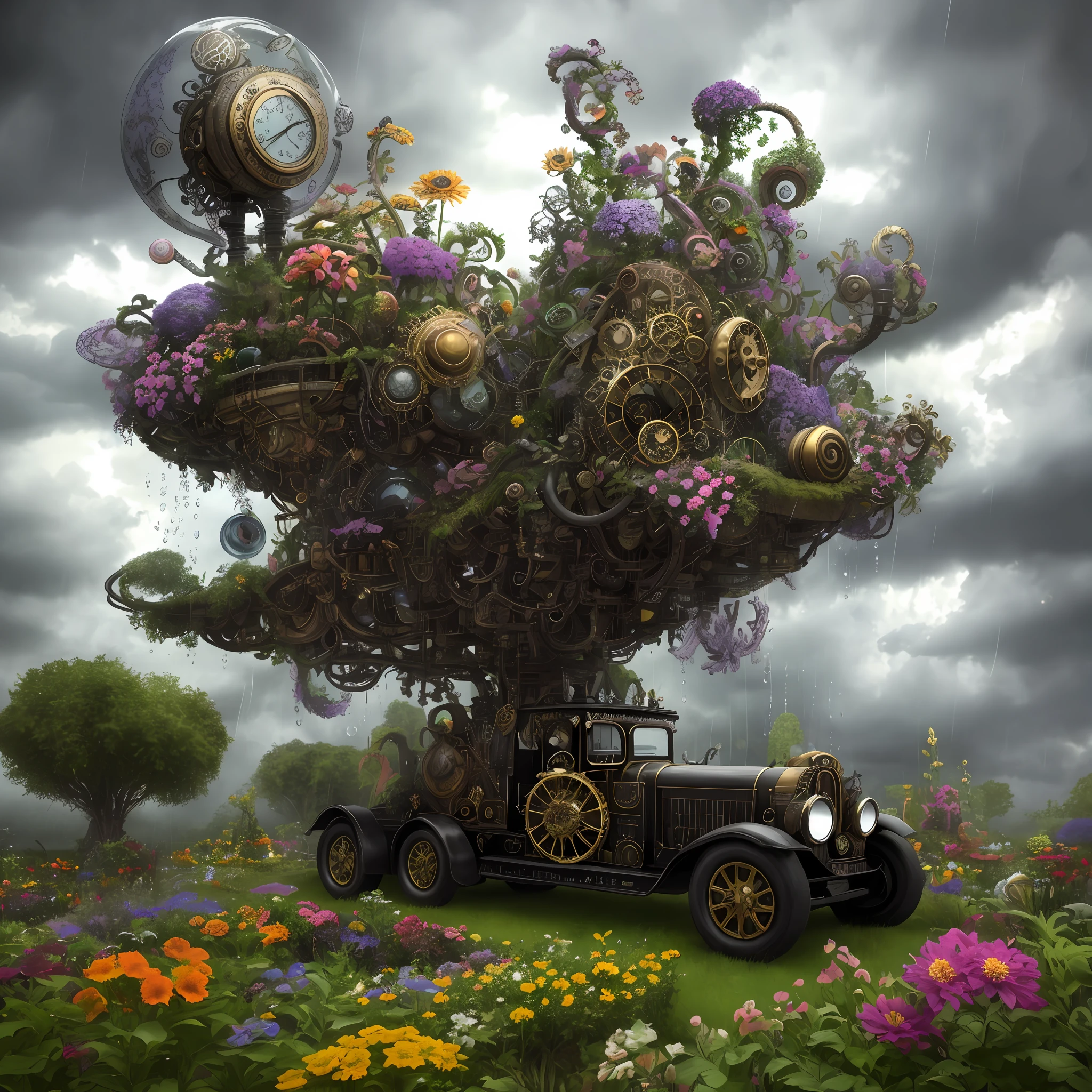 steampunk gasoline engine inside fantasy garden with flowers, pop surrealism, neo-dada, spectacular, spectacle, masterpiece, 3d render, bright colors, oversaturated, depth, spirals, fibonacci sequences, snail's shells, flowers, surreal environment, fractals geometry, rain drops, rococo, bracelets, punk rock, grime, dingey, specular highlights, reflections, ambient occlusion render, detailed,armature, detailed, elaborate, complex, cars, stormy sky, dark sunny atmosphere