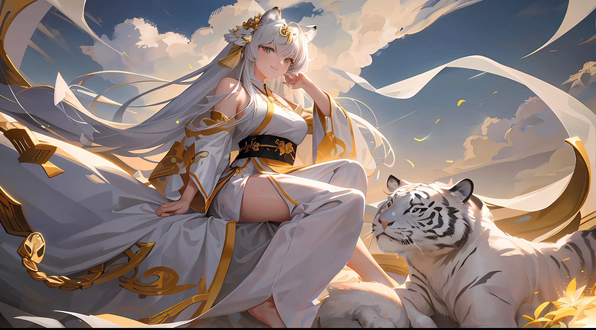 A white tiger, cloud, fragments, ultra hd, 4k, Tyndall effect, mature and delicate woman, golden pluton, plump, gorgeous Hanfu, sitting on the back of a tiger, broad background, hair coiled