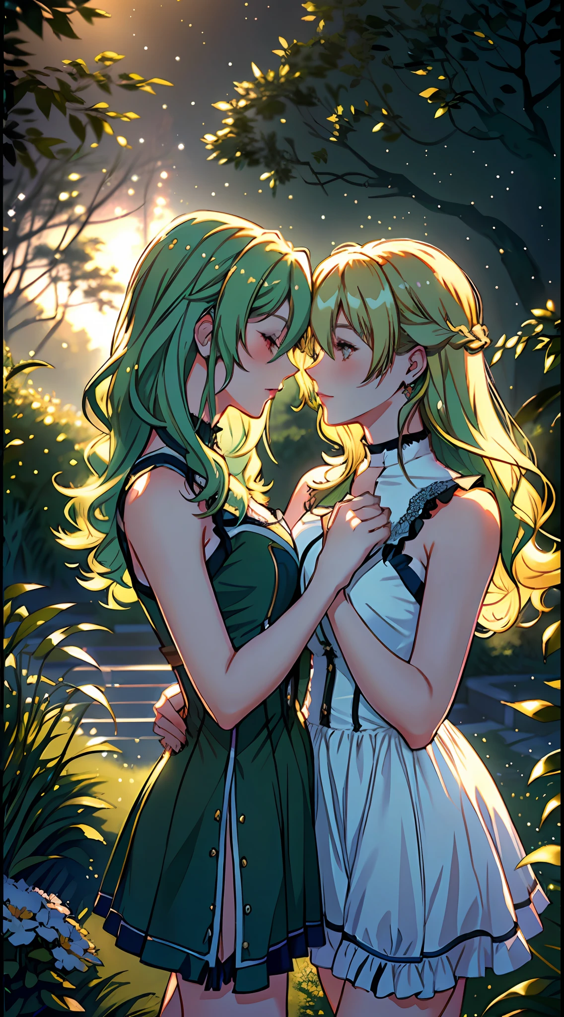 (a romantic and sexy scene, 2 women kissing, Alisa Reinford with long blonde hair and Musse Egret with short green hair), sleeveless dresses, high resolution. (romantic and sensual atmosphere:1.2, vibrant colors, soft lighting and impeccable editing:1.3, natural hair and realistic details:1.2)