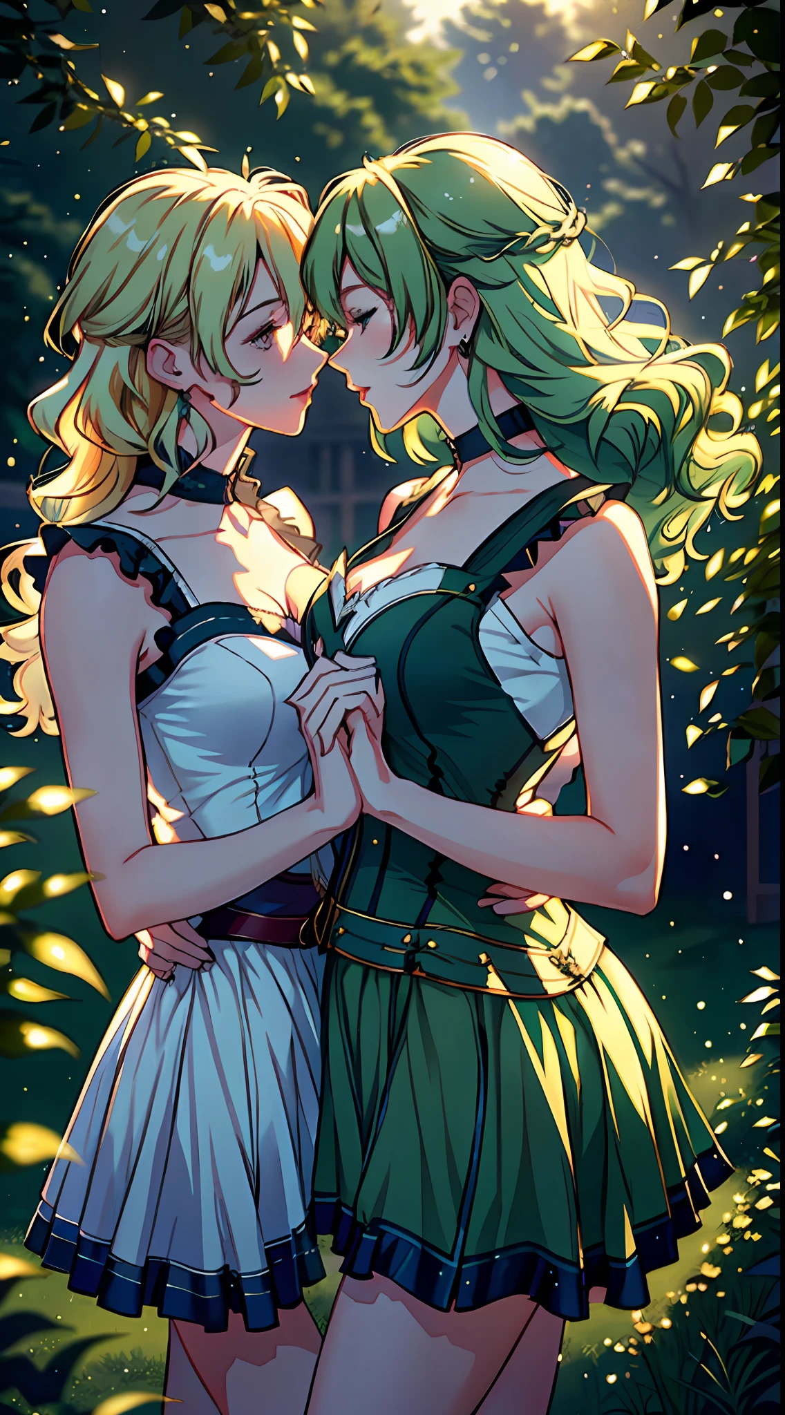 (a romantic and sexy scene, 2 women kissing, Alisa Reinford with long blonde hair and Musse Egret with short green hair), sleeveless dresses, high resolution. (romantic and sensual atmosphere:1.2, vibrant colors, soft lighting and impeccable editing:1.3, natural hair and realistic details:1.2)