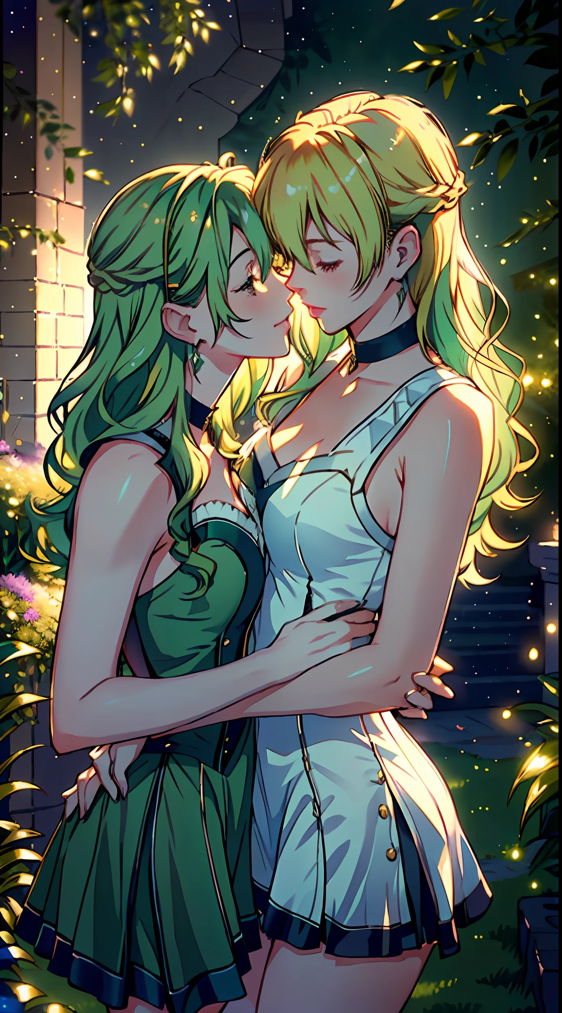 (a romantic and sexy scene, 2 women kissing, Alisa Reinford with long blonde hair and Musse Egret with short green hair), sleeveless dresses, high resolution. (romantic and sensual atmosphere:1.2, vibrant colors, soft lighting and impeccable editing:1.3, natural hair and realistic details:1.2)