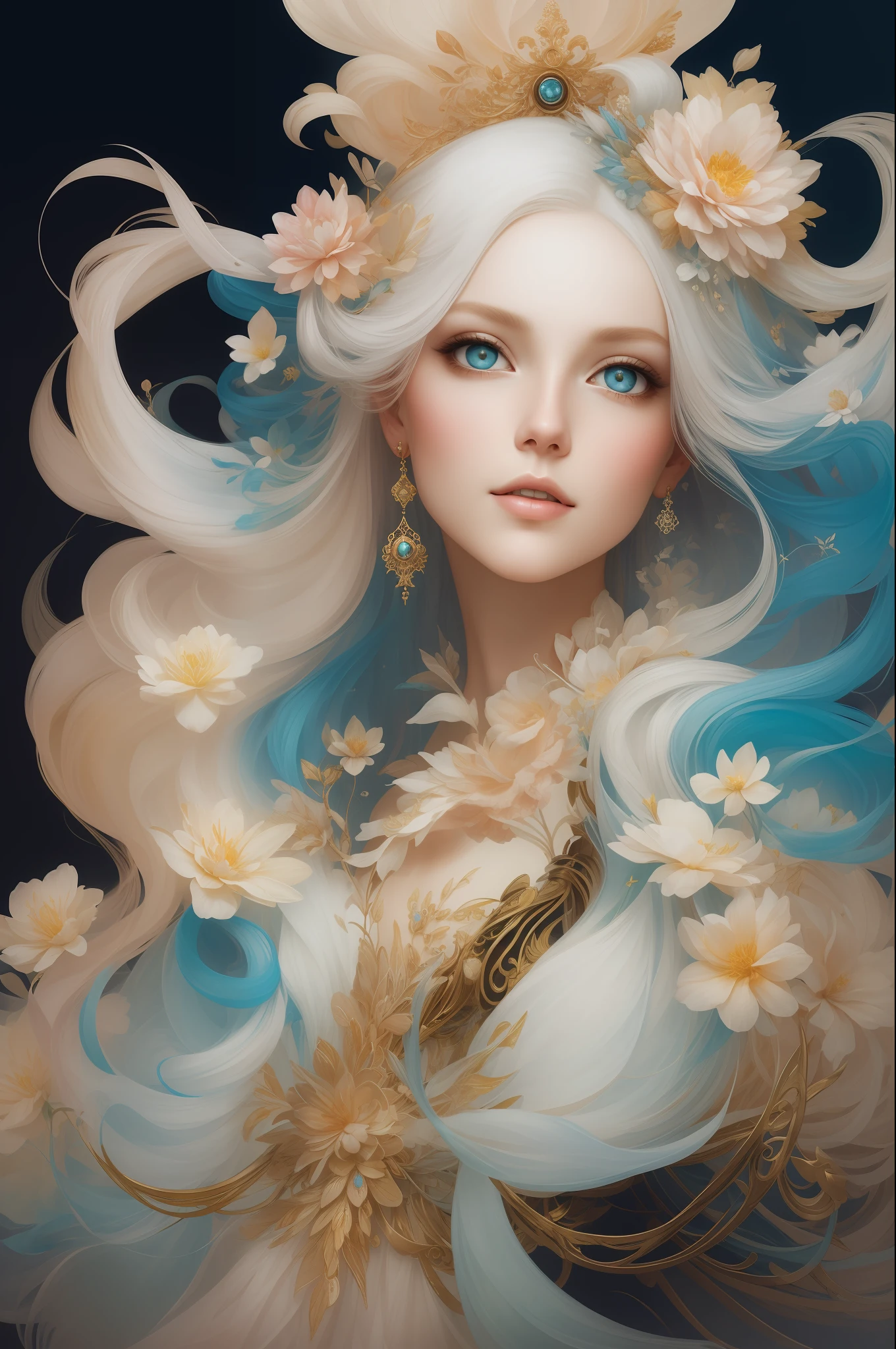 ((gorgeous princess)), one person, long flowing white hair, (bright and beautiful eyes), trending on Art Station, Flower of Hope by Jean-Honor Fragonard, Peter mohrbacher, super detailed, crazy details, Stunning, intricate, elite, art nouveau, ornate, liquid wax, elegant, luxurious, Greg Rutkowski, ink style, sticker, vector art beautiful character design, double exposure shot, luminous design , winning entry, masterpiece, amoled black background,