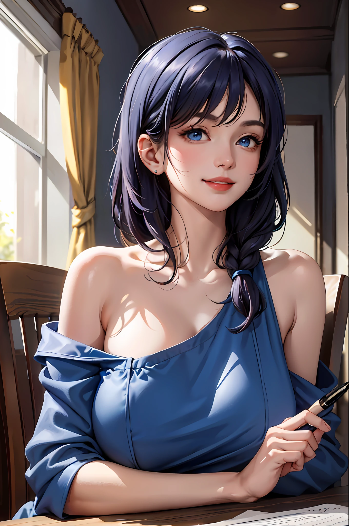 (masterpiece:1.2, best quality), (1lady, solo, upper body:1.2), clothing: loose-fitting, comfortable pajamas Accessories: Signature pen in hand, Hair: Short dark blue shoulder-length hair Makeup: natural, glowing skin, behavior: facing the table, sitting at the table, smiling location: study, study desk, blue eyes, huge breasts,