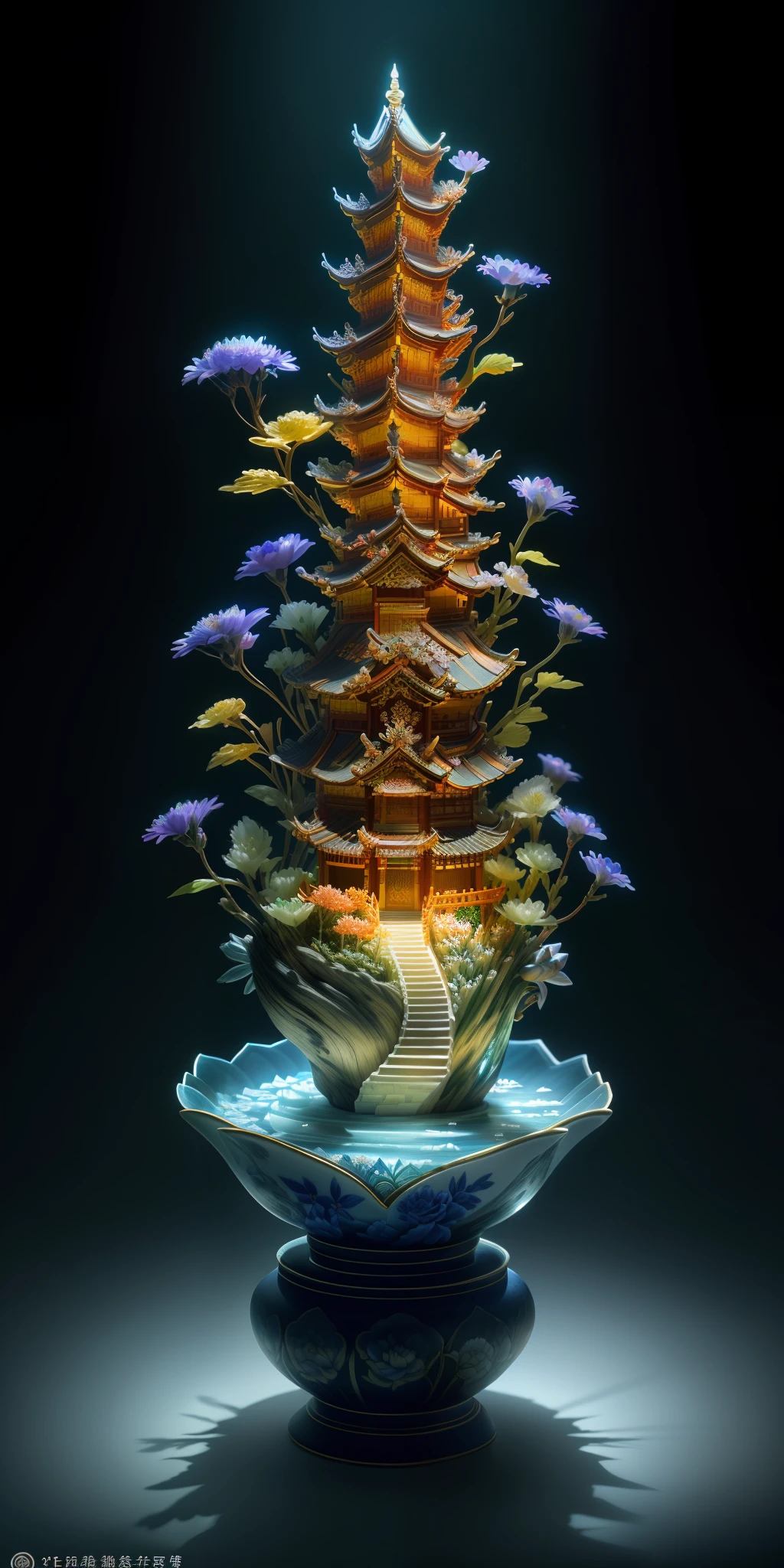 best quality, realistic, photorealistic,  ultra detailed, "Mountain of Flower and Fruit+Fairy+Chinese Architecture" highly detailed carving on "southern ice" porcelain,Ultra wide angle,Accent Lighting,Volumetric Lighting,backlighting, (detailed light),((an extremely delicate and beautiful)),dramatic_shadow,ray_tracing,hdr