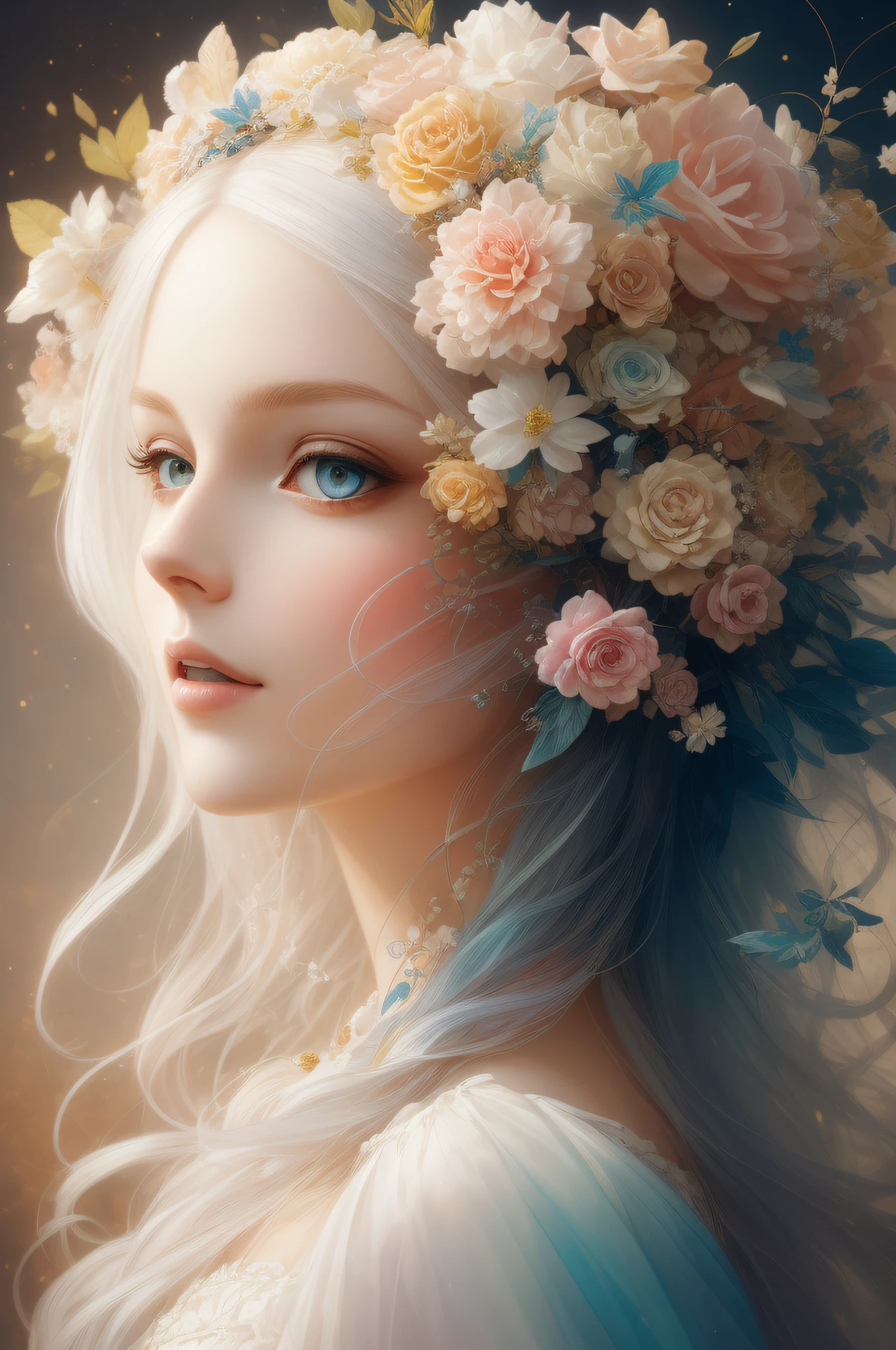 ((gorgeous princess)), one person, long flowing white hair, (bright and beautiful eyes), trending on Art Station, Flower of Hope by Jean-Honor Fragonard, Peter mohrbacher, super detailed, crazy details, Stunning, intricate, elite, art nouveau, ornate, liquid wax, elegant, luxurious, Greg Rutkowski, ink style, sticker, vector art beautiful character design, double exposure shot, luminous design , winning entry, masterpiece, amoled black background,