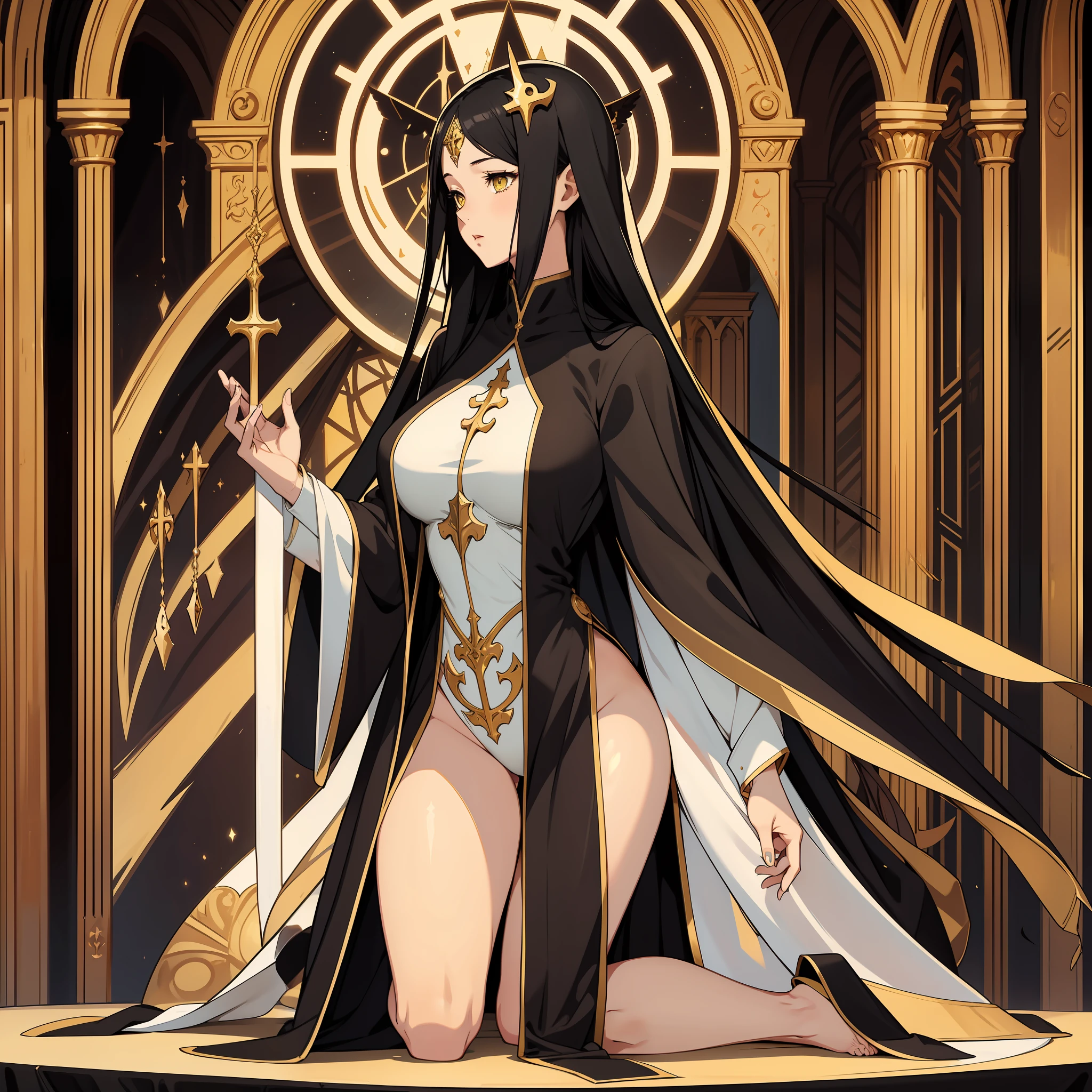 Hourglass figure, hourglass body, highest quality, absurd quality, 8k, perfect body, perfect contrast, beautiful face, yellow eyes, unrevealing skin, 1girl, kneeling, facing viewer, holy maiden, sister, holy girl, praying, from front, sfw, unrevealing clothes, covered skin, black hair, sister, church