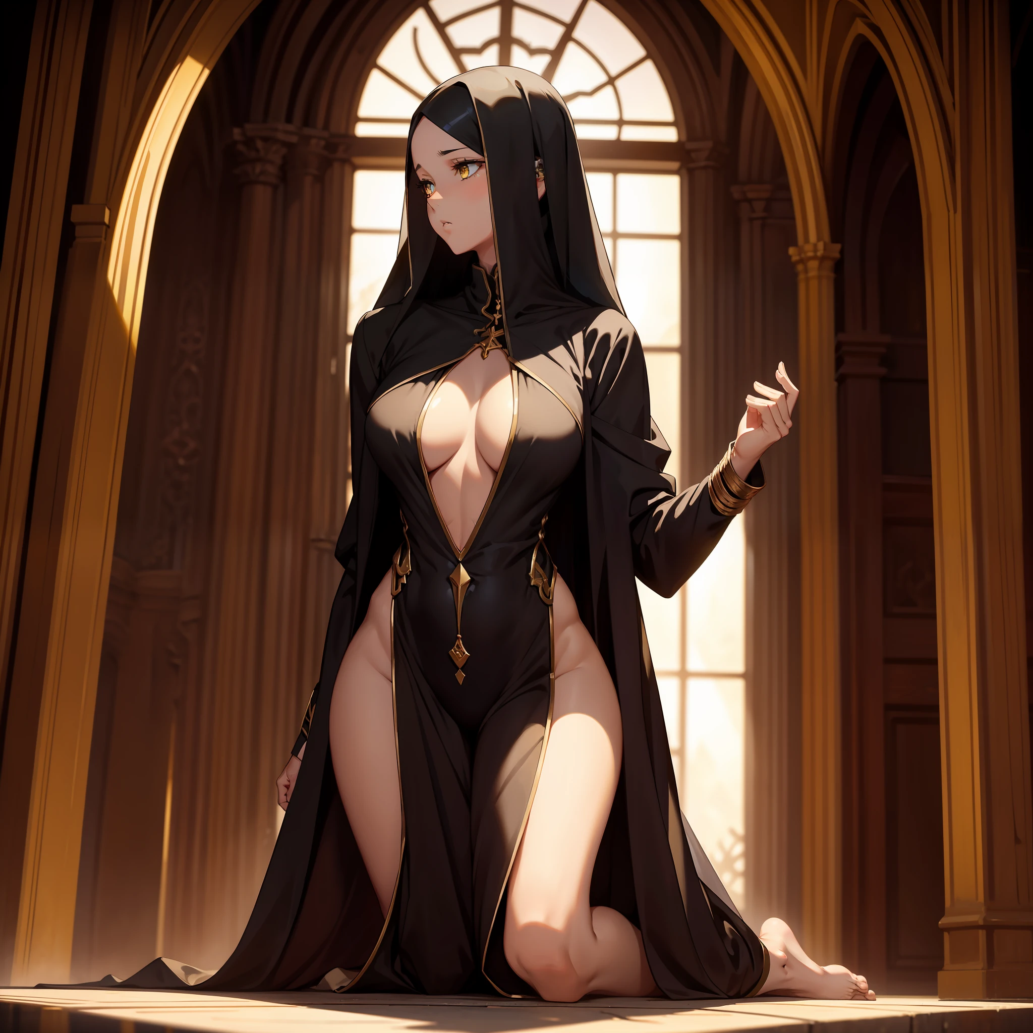 Hourglass figure, hourglass body, highest quality, absurd quality, 8k, perfect body, perfect contrast, beautiful face, yellow eyes, unrevealing skin, 1girl, kneeling, facing viewer, holy maiden, sister, holy girl, praying, from front, sfw, unrevealing clothes, covered skin, black hair, sister, church