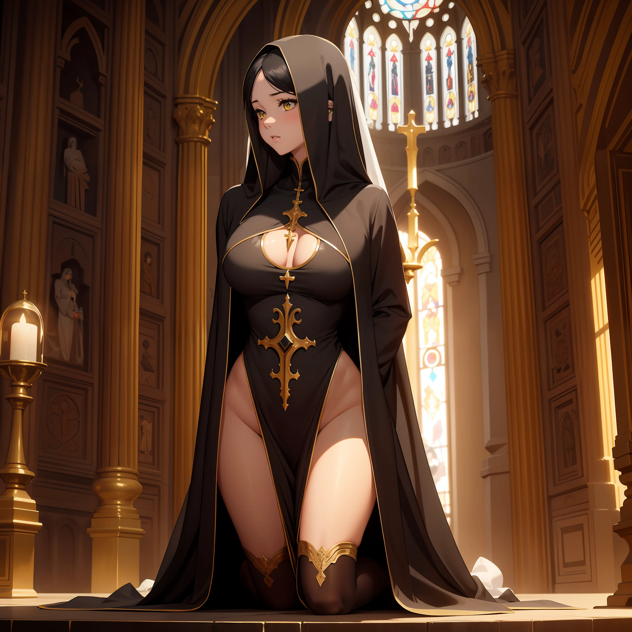 Hourglass figure, hourglass body, highest quality, absurd quality, 8k, perfect body, perfect contrast, beautiful face, yellow eyes, unrevealing skin, 1girl, kneeling, facing viewer, holy maiden, sister, holy girl, praying, from front, sfw, unrevealing clothes, covered skin, black hair, sister, church