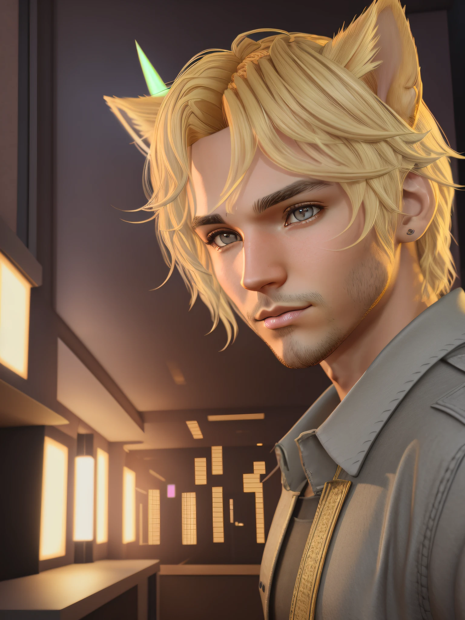 Phoenix Montoya, blonde hair, brown eyes, cat ears, animal ears, male focus, first-person view, indoors, backlighting, glowing light, bloom,