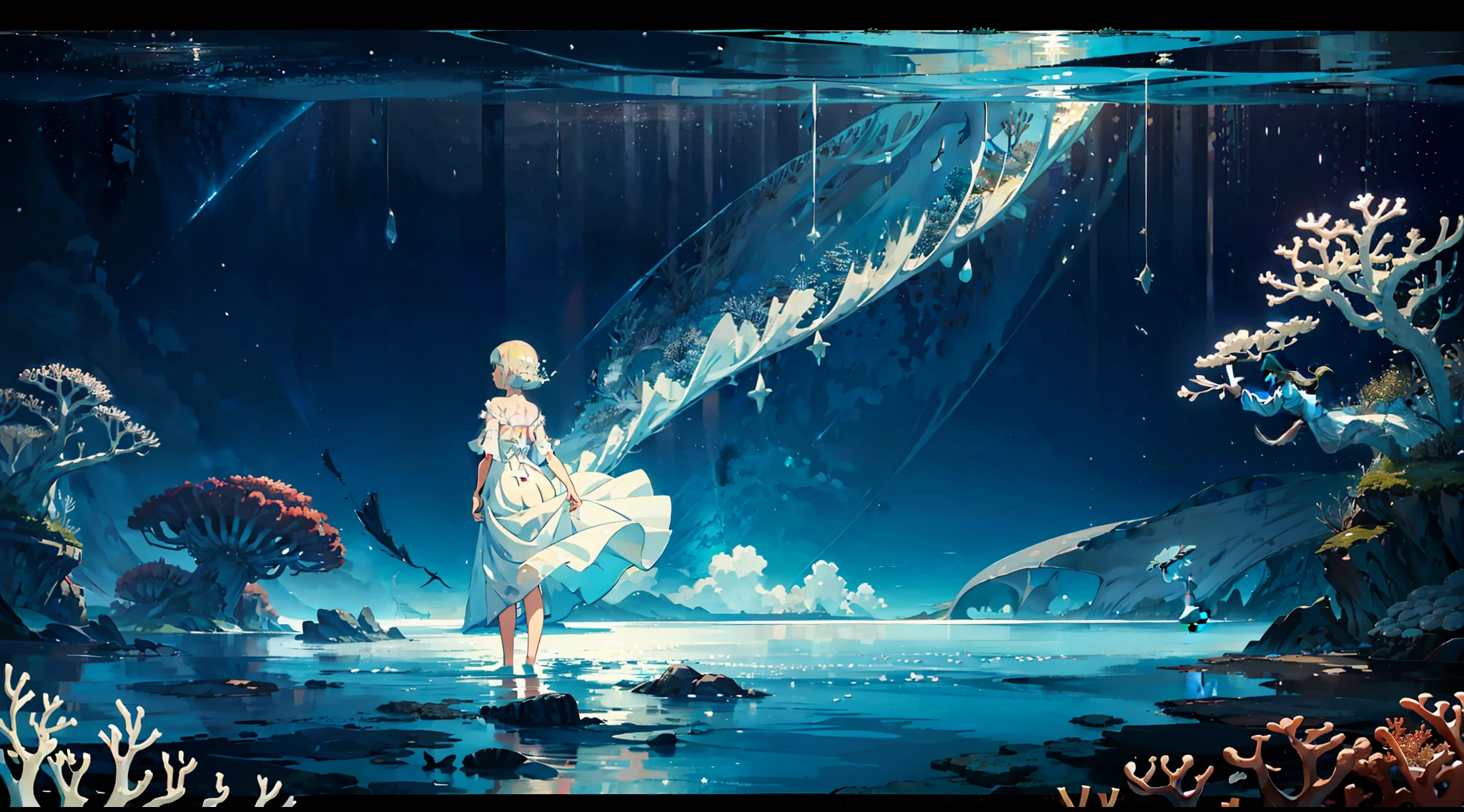 Girl in white dress, back, full body, panoramic picture, deep sea, bottom of the sea, night, long-range perspective painting, wide angle, German oblique lens, less seaweed, fish surrounding, less jellyfish, coral growing wantonly, beautiful starry sky, fantasy atmosphere, flowing dress, flowing fabric, gorgeous digital art, very detailed, highly restored.