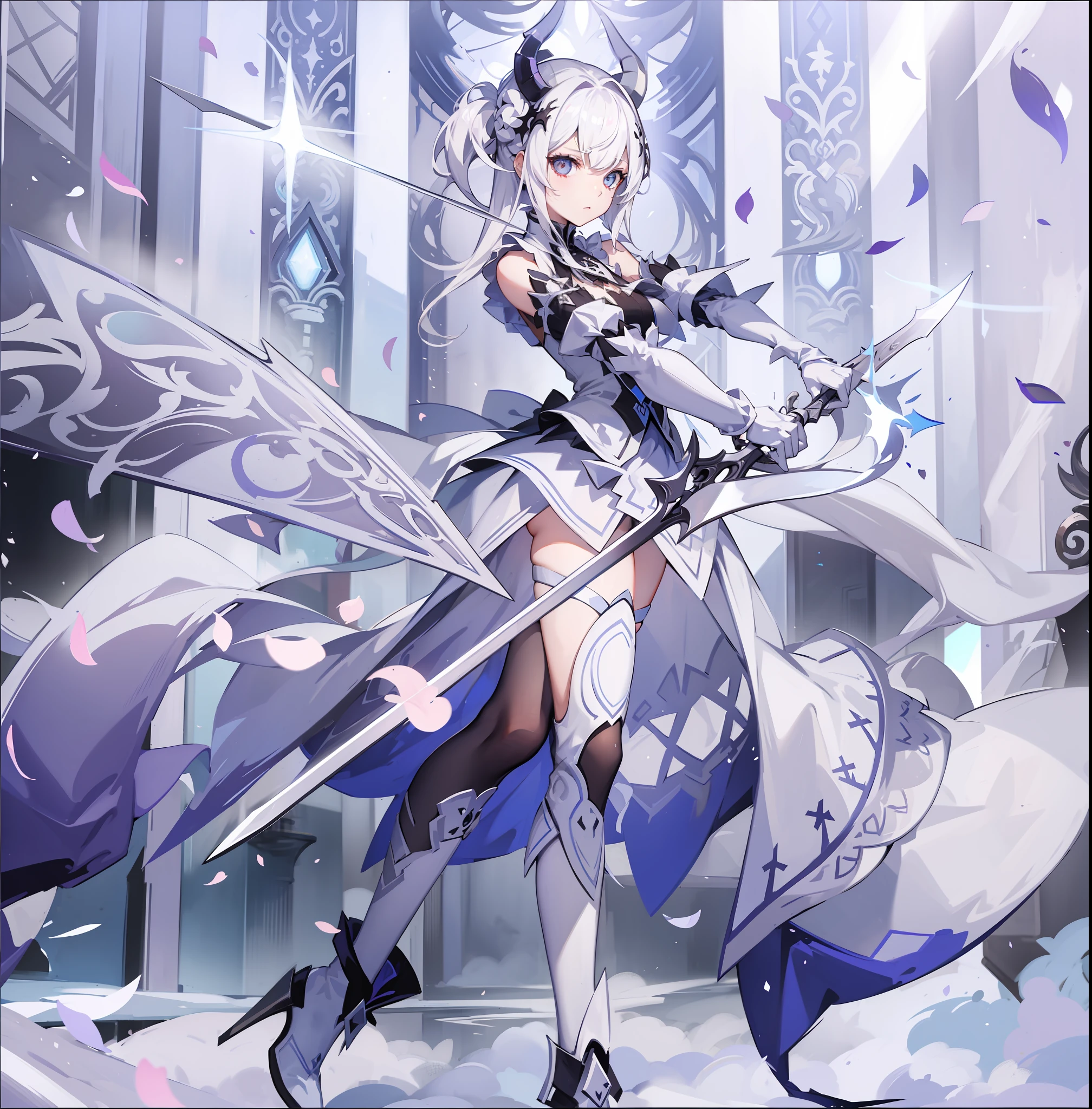 Two-dimensional girl, demon, white hair and white eyes, double swords, a pair of white horns on the top of the head, a white dress, looking at people a little contemptuously