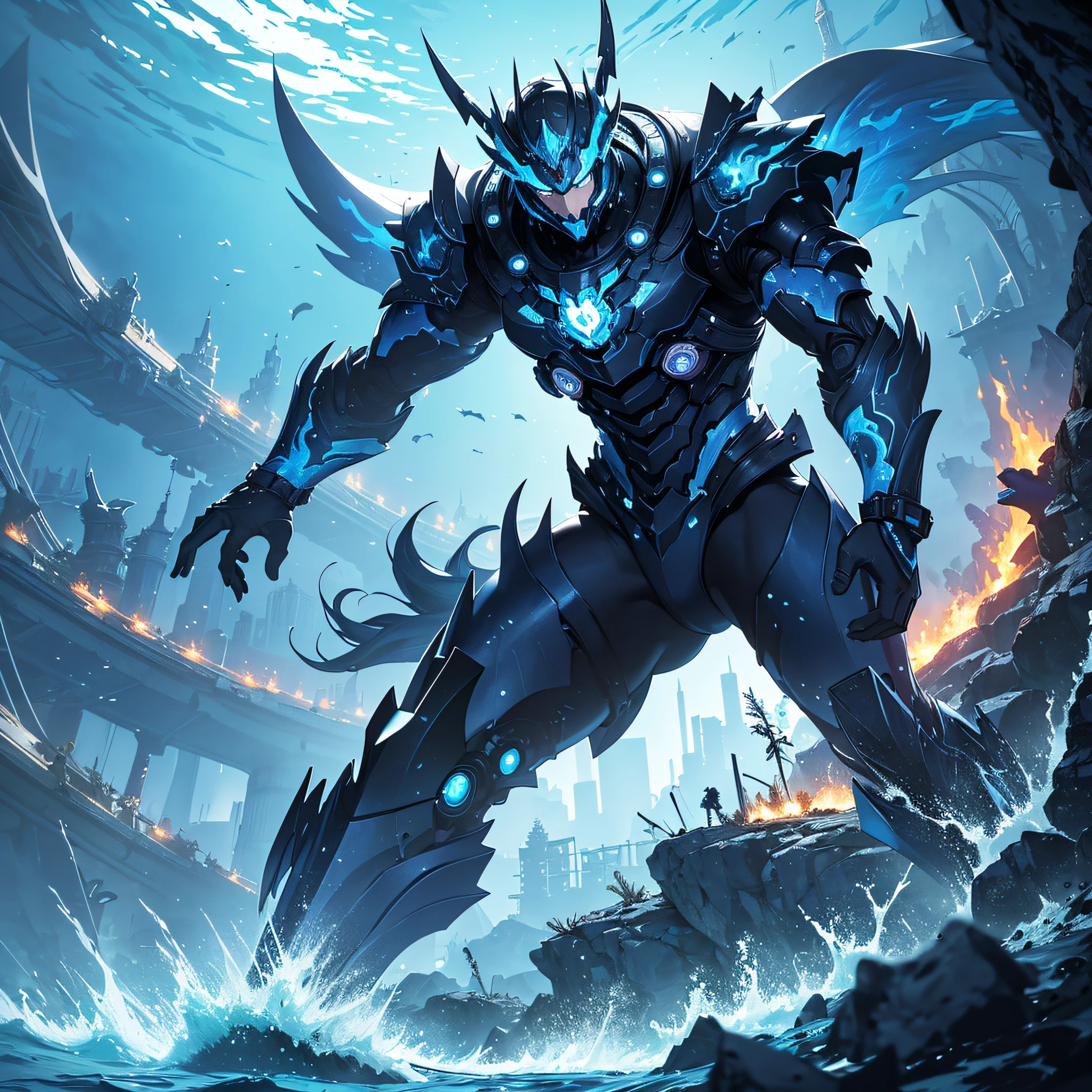 Absurd resolution, high resolution, (masterpiece: 1.1), hyper-detail, blue mechanical titan giant, background in empty underwater world (1.2), charge (1.2), combat, attack, feet with long tail flame (1.3), lot vector thrusters (1.5)