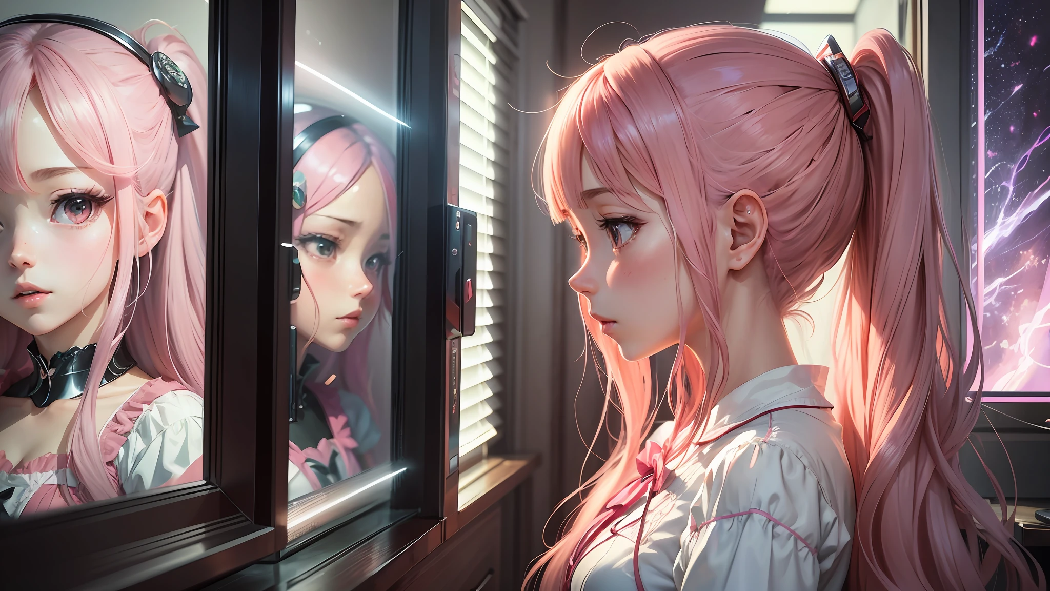 anime girl with long hair and a pink dress standing in front of a mirror, portrait anime girl, anime style 4 k, detailed portrait of anime girl, portrait of anime girl, portrait of an anime girl, anime girl portrait, beautiful anime portrait, profile of anime girl, realistic anime artstyle, beautiful anime girl, anime girl portrait profile, smooth anime cg art --auto --s2