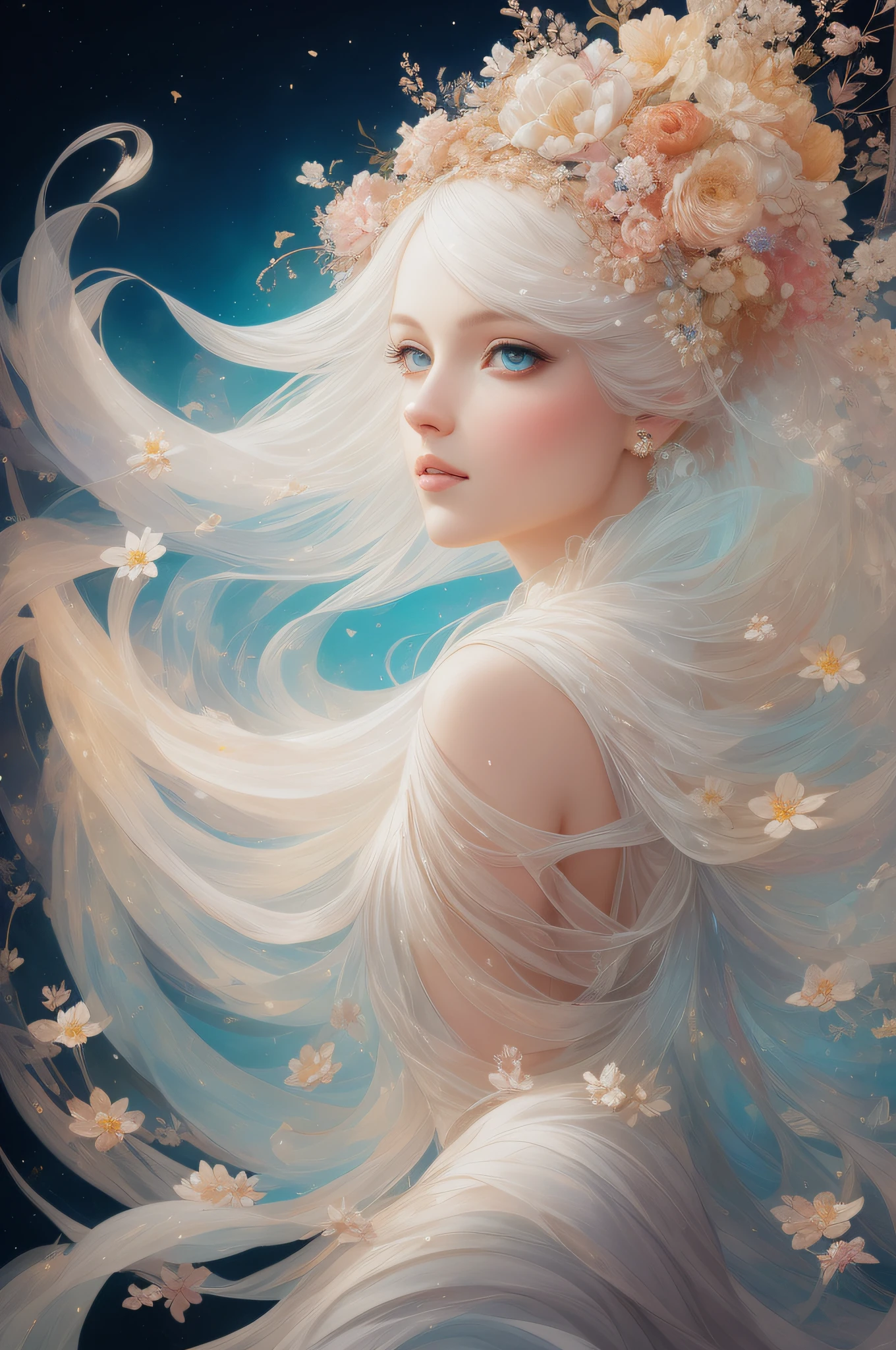 ((beautiful princess)), one person, long flowing white hair, (bright and beautiful eyes), trend in Art Station, Flower of Hope by Jean-Honor Fragonard, Peter mohrbacher, super detailed, crazy details, Impressive, intricate, elite, art nouveau, ornate, liquid wax, elegant, luxurious, Greg Rutkowski, paint style, sticker, vector art beautiful character design, double exposure shot, luminous design,  winning entry, masterpiece, amoled black background,