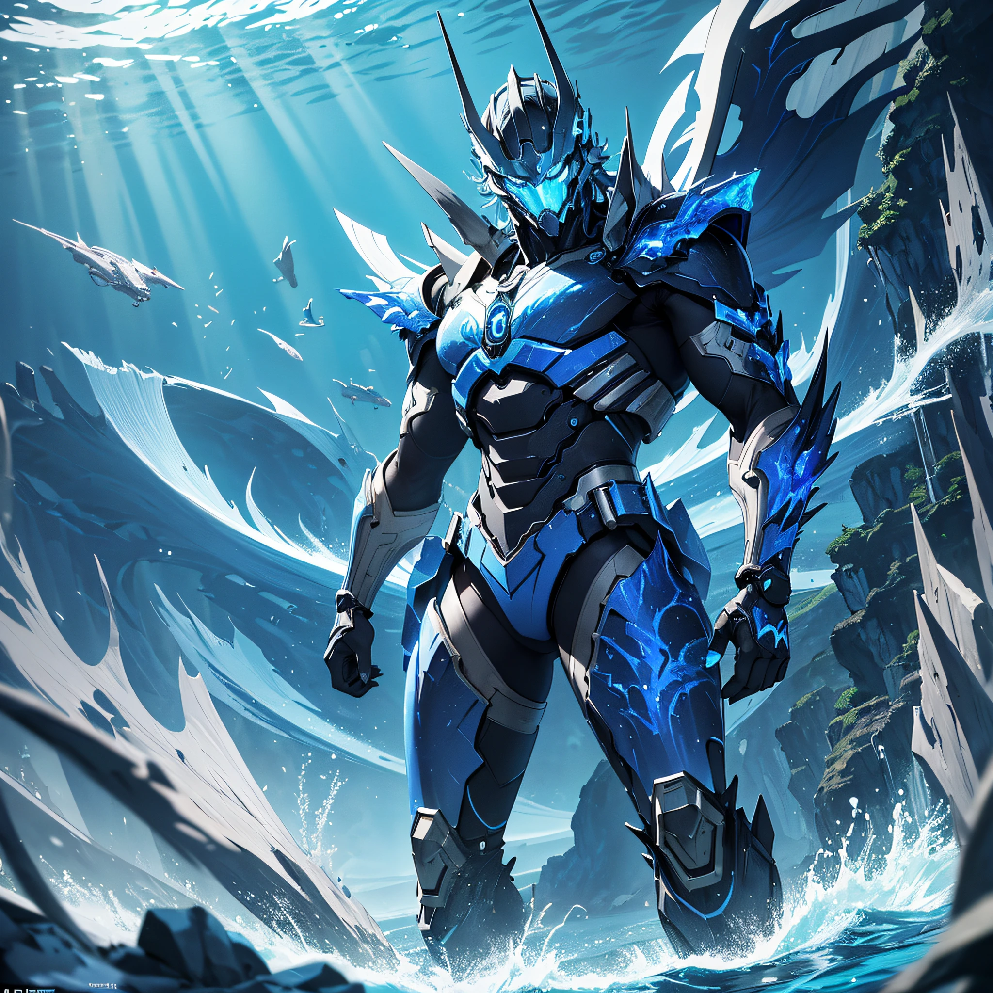 Absurd resolution, high resolution, (masterpiece: 1.1), hyper-detail, blue mechanical titan giant, background in empty underwater world (1.2), charge (1.2), combat, attack, feet with long tail flame (1.3), lot vector thrusters (1.5)