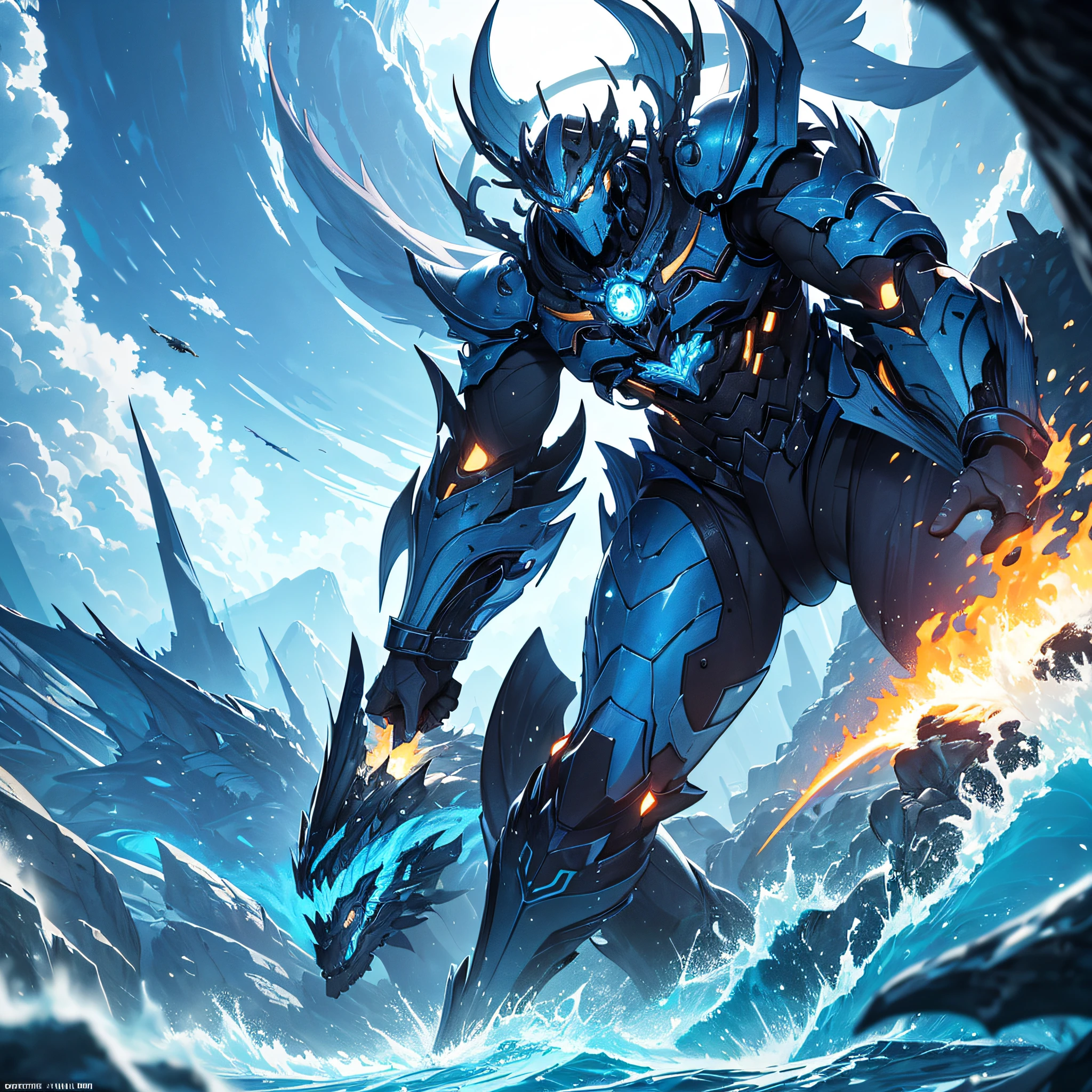 Absurd resolution, high resolution, (masterpiece: 1.1), hyper-detail, blue mechanical titan giant, background in empty underwater world (1.2), charge (1.2), combat, attack, feet with long tail flame (1.3), lot vector thrusters (1.5)