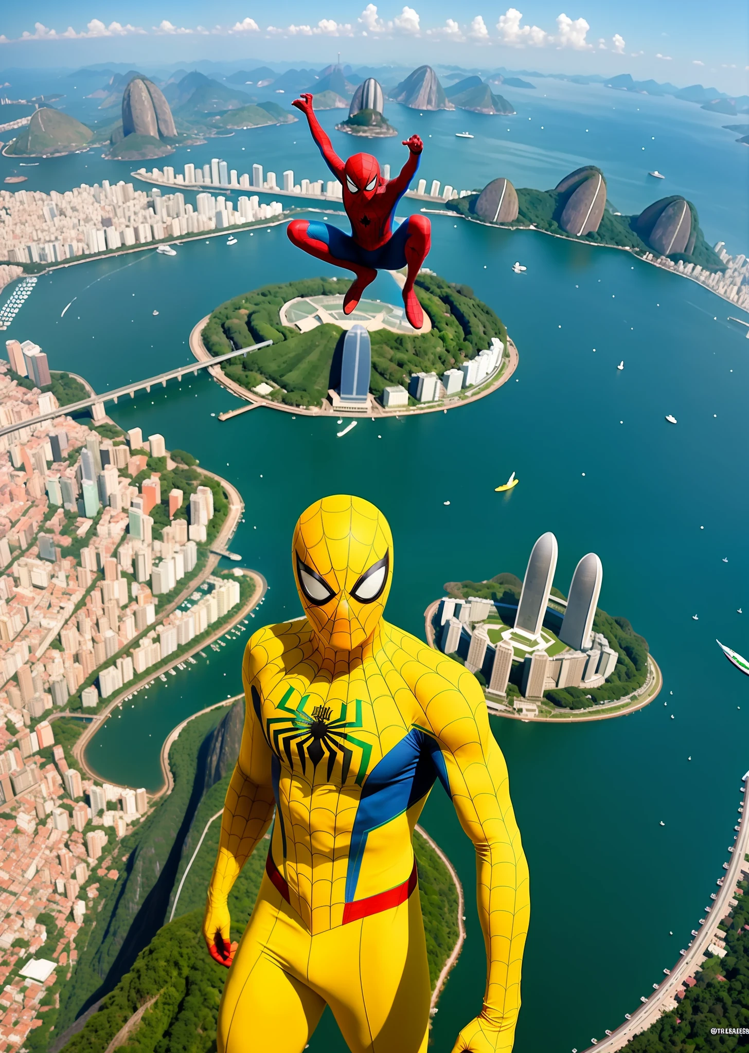 Spiderman with green and yellow uniforms next to Christ the Redeemer Brazil