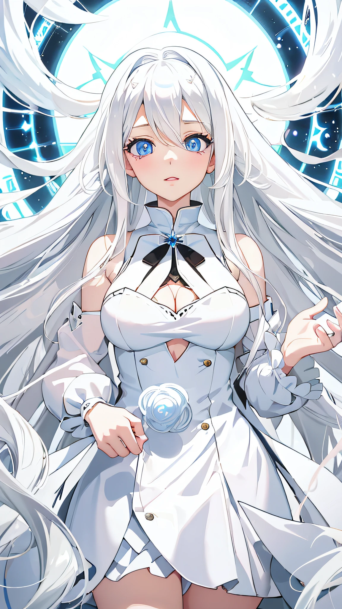 anime girl with long white hair and blue eyes posing, perfect white haired girl, ahegao, girl with white hair,  in dress, white haired deity, anime moe artstyle, white haired, white dress!! of silver hair, ahegao face, tifa lockhart with white hair, beautiful anime woman, seductive anime girl, (anime girl), zerochan art