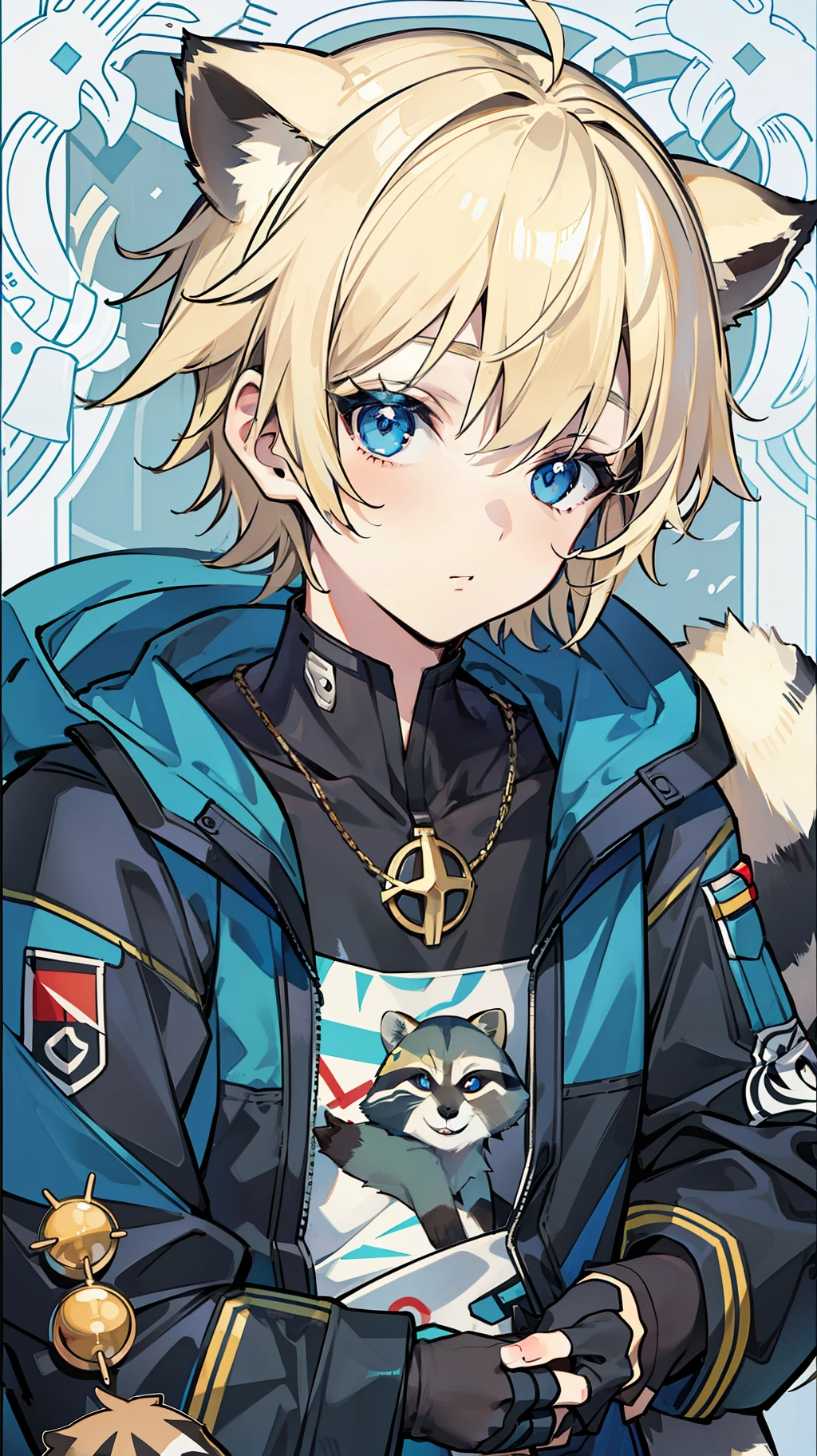 raccoon human, a boy, short hair, blonde hair, raccoon ears, raccoon schwantz, closed clothes, blue eyes