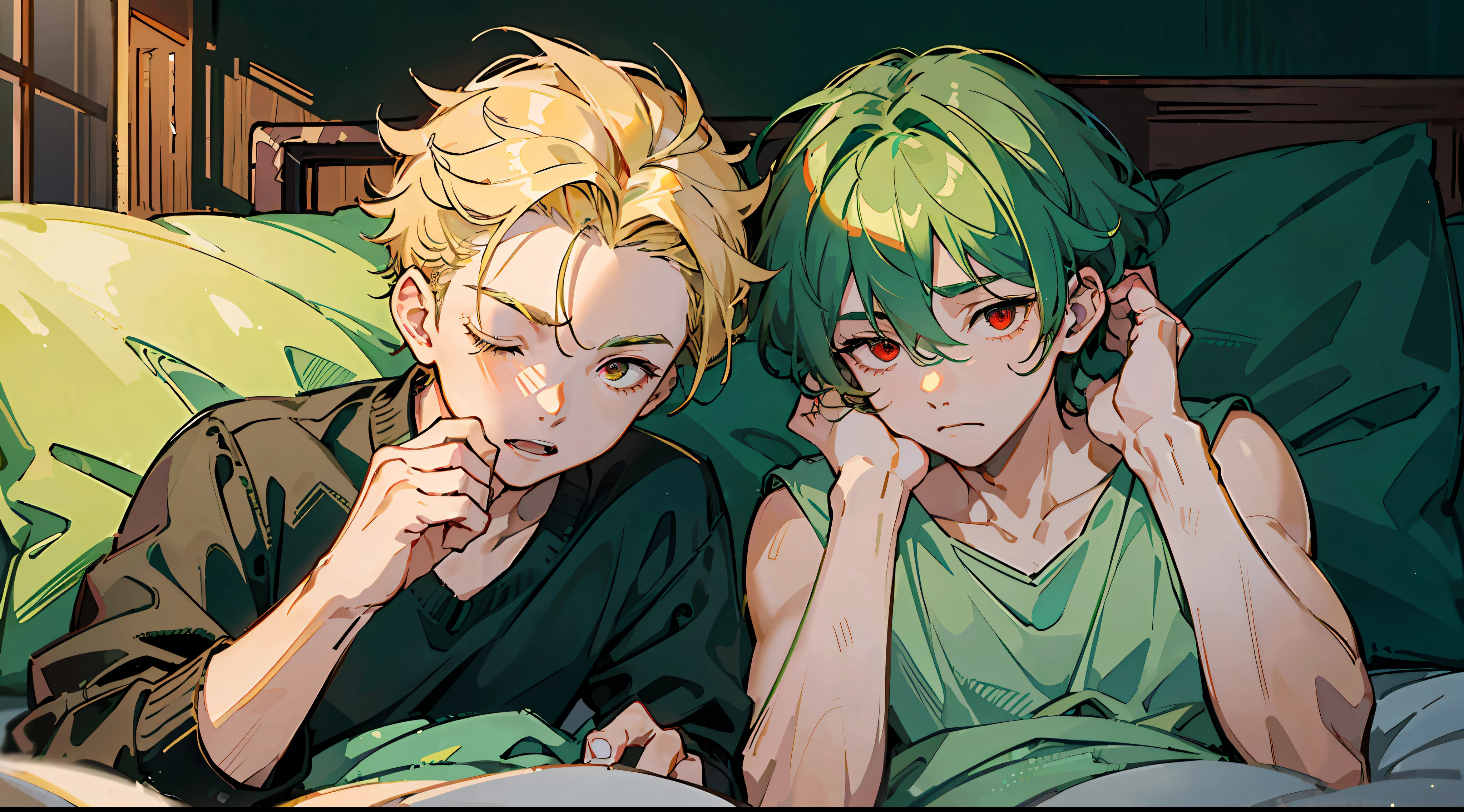 (Masterpiece: 1.4, Best Quality), (Masterpiece, Best Quality)), two boys, (Green Hair and Eyes Cute Boy: 1.2), (Blonde Spiked Hair and Red Eyes Good Looking Boy: 1.2), sleeping with their eyes closed on the bed