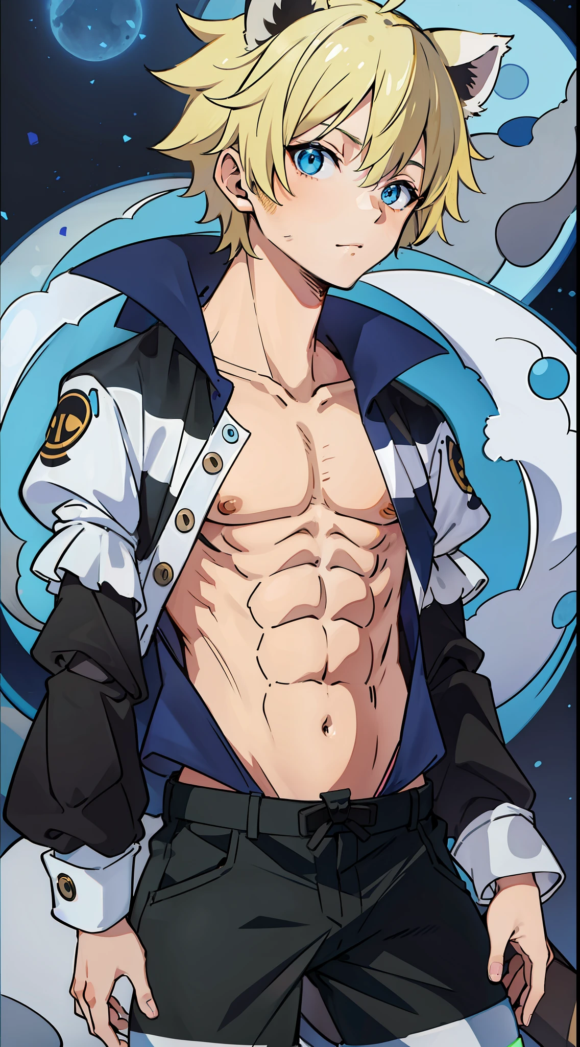 raccoon human, a boy, short hair, blonde hair, raccoon ears, raccoon schwantz, closed clothes, blue eyes