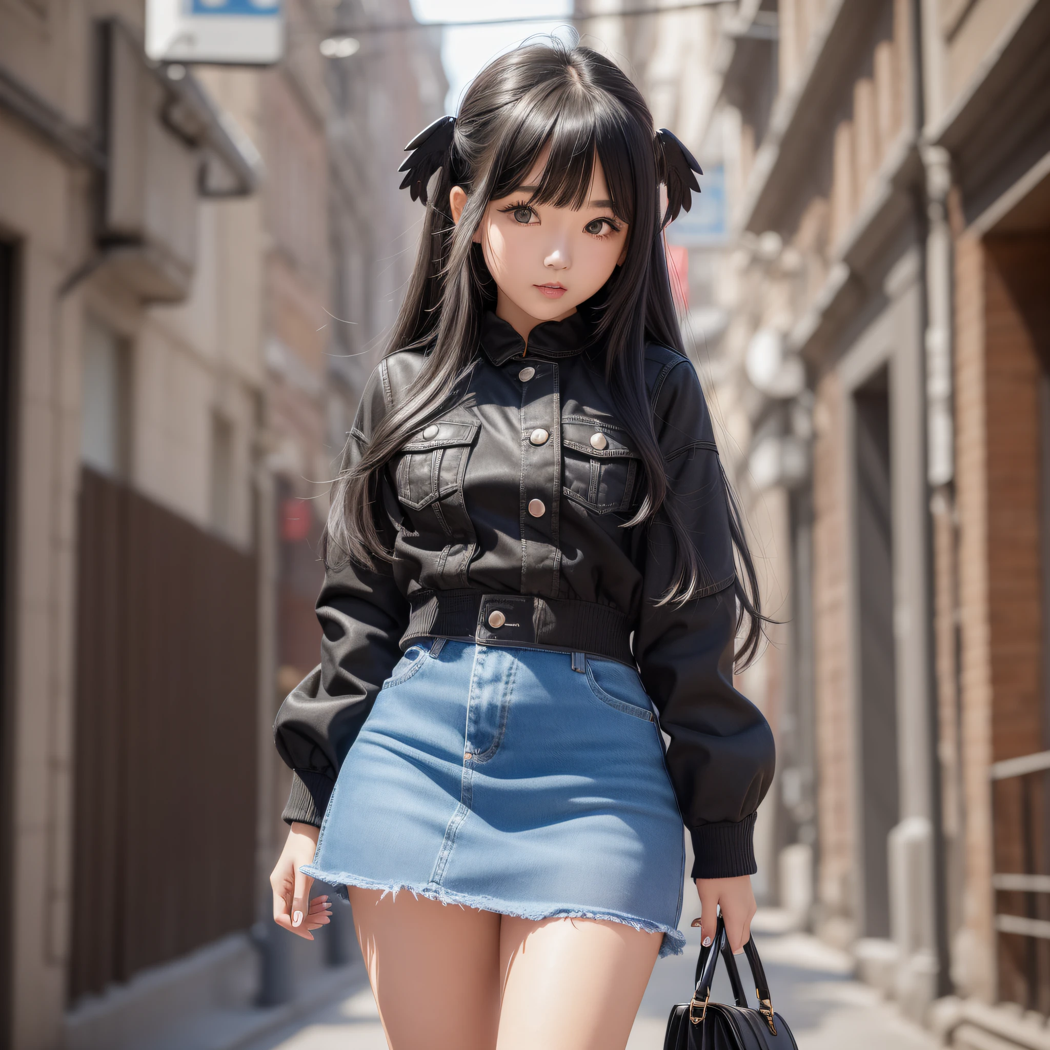 28-year-old girl, cute type, medium long hair, oblique bangs, beautiful black big eyes, high nose, thick nose wings, cherry cute small mouth, slightly chubby body, medium , denim small jacket, black short skirt, black high heels, beautiful scenery