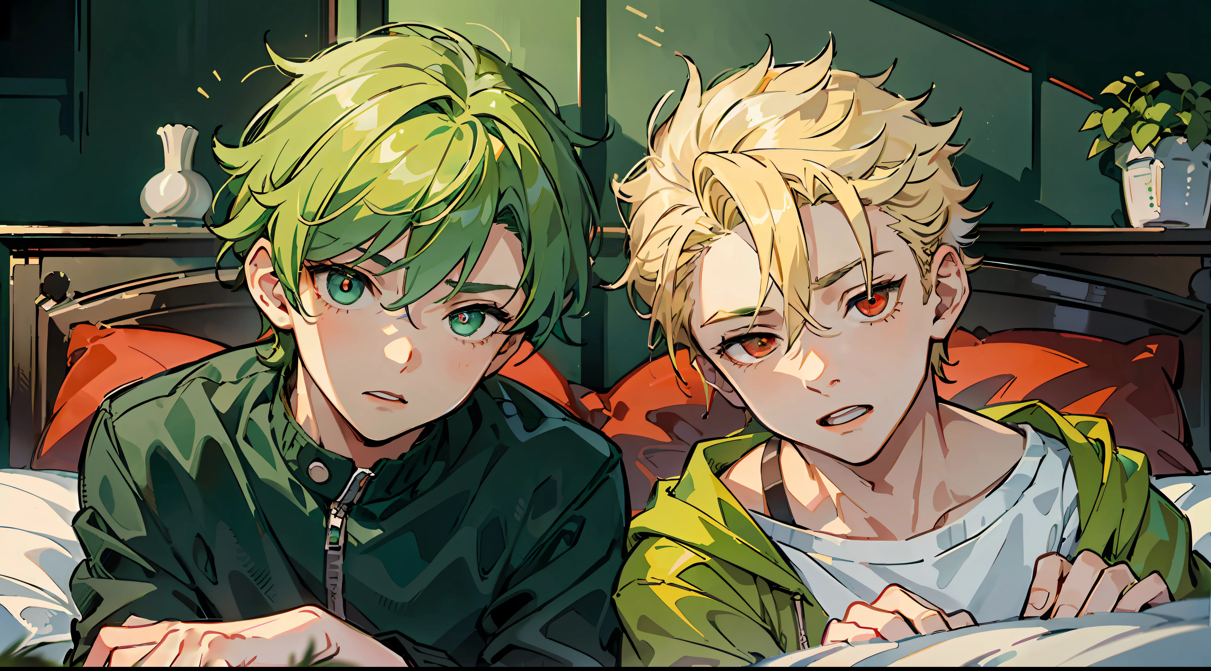 (Masterpiece: 1.4, Best Quality), (Masterpiece, Best Quality)), two boys, (Green Hair and Eyes Cute Boy: 1.2), (Blonde Spiked Hair and Red Eyes Good Looking Boy: 1.2), sleeping with their eyes closed on the bed