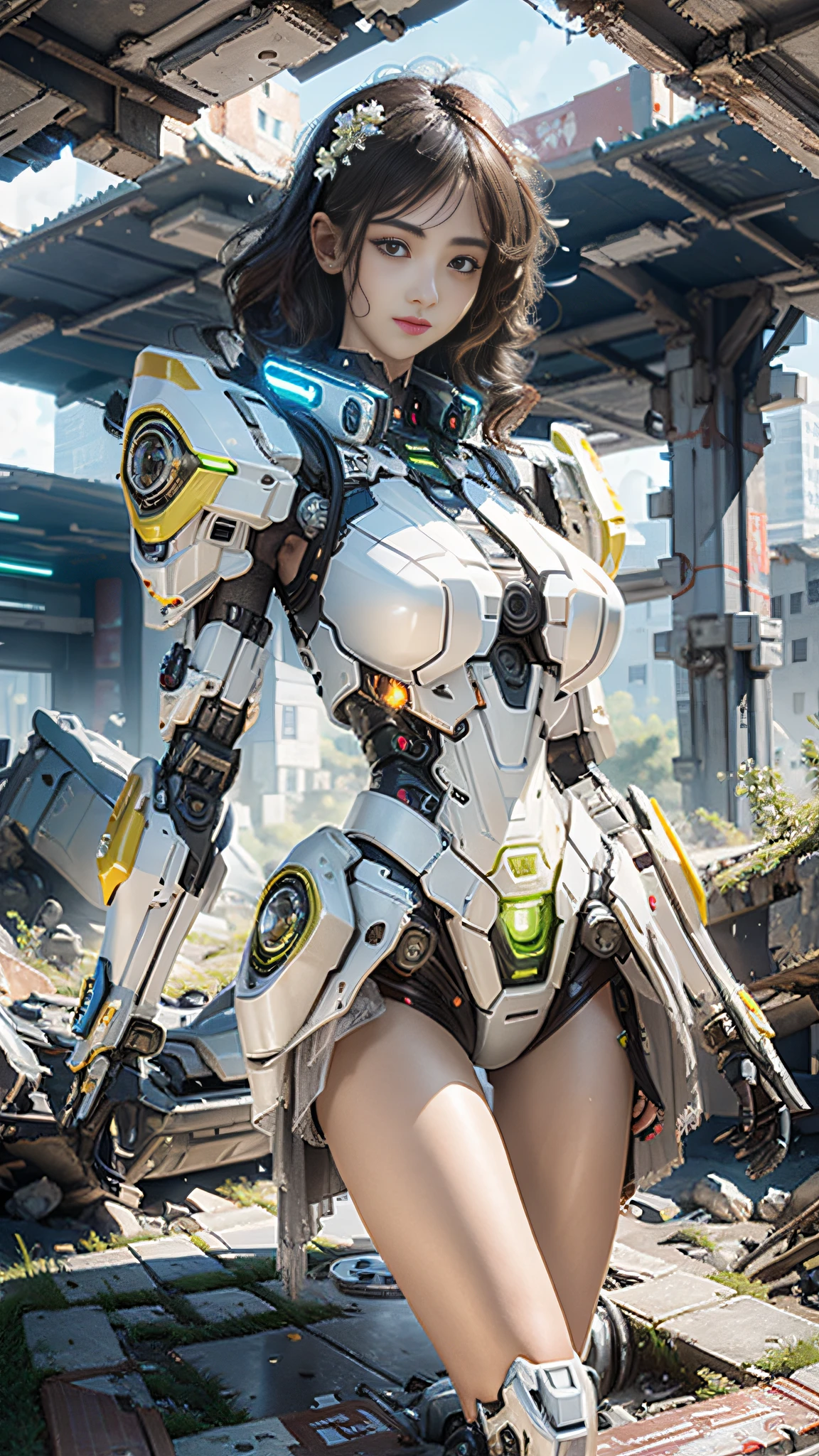 ((Best quality)), ((masterpiece)), (highly detailed:1.3), 3D,Shitu-mecha, beautiful cyberpunk women with her mecha in the ruins of city from a forgoten war, ancient technology,HDR (High Dynamic Range),Ray Tracing,NVIDIA RTX,Super-Resolution,Unreal 5,Subsurface scattering,PBR Texturing,Post-processing,Anisotropic Filtering,Depth-of-field,Maximum clarity and sharpness,Multi-layered textures,Albedo and Specular maps,Surface shading,Accurate simulation of light-material interaction,Perfect proportions,Octane Render,Two-tone lighting,Low ISO,White balance,Rule of thirds,Wide aperature,8K RAW,Efficient Sub-Pixel,sub-pixel convolution,luminescent particles,light scattering,Tyndall effect