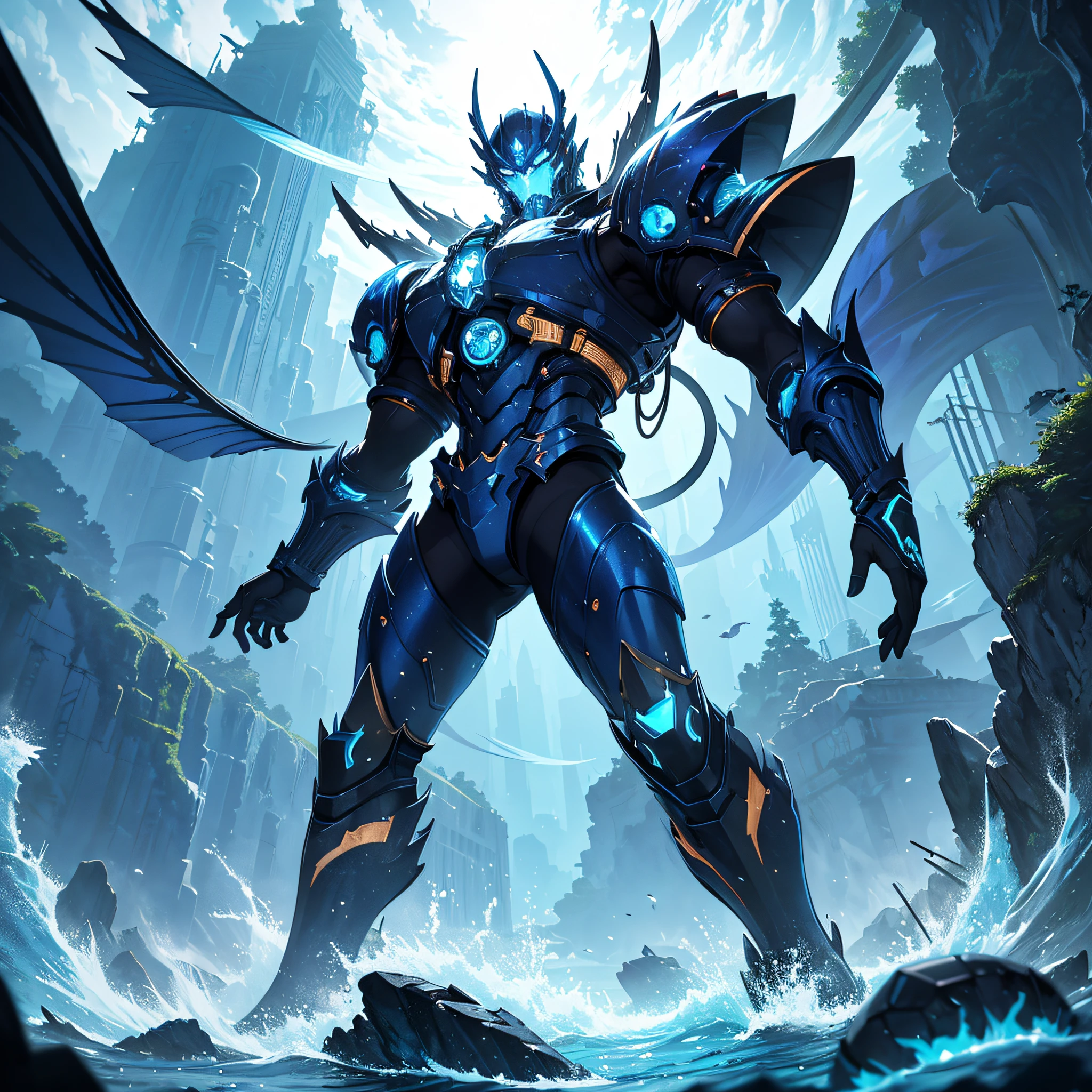 Absurd resolution, high resolution, (masterpiece: 1.1), hyper-detail, blue mechanical titan giant, background in empty underwater world (1.2), charge (1.2), combat, attack, feet with long tail flame (1.3), lot vector thrusters (1.5)