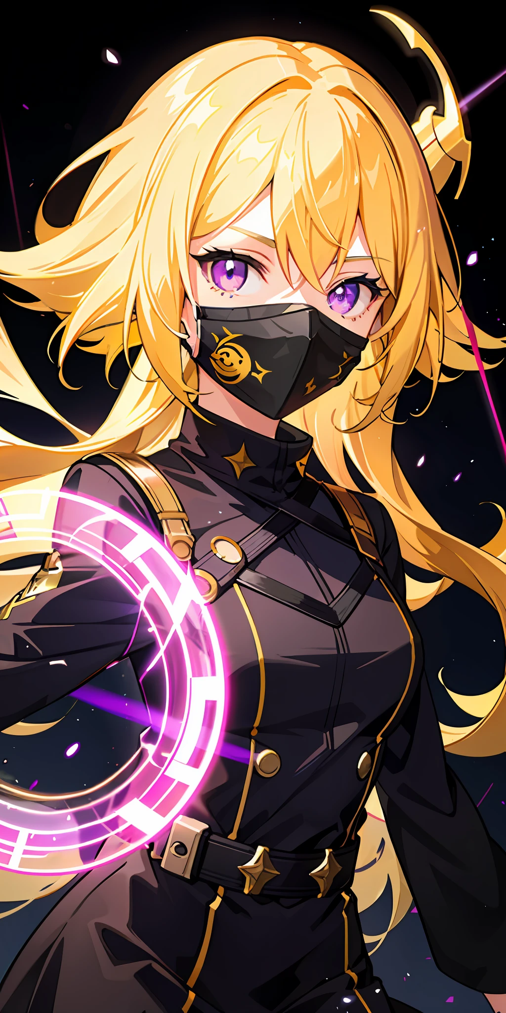 1girl, yellow hair purple eyes, mask on head, side light, light particles, wallpaper
