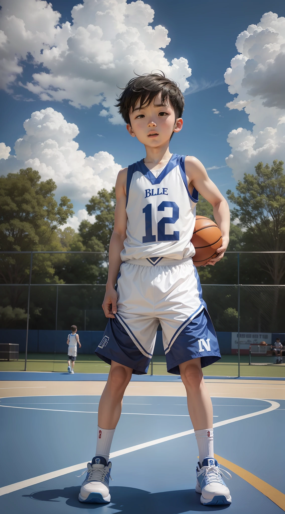 Under the blue sky and white clouds, on the basketball court, there is a boy playing basketball