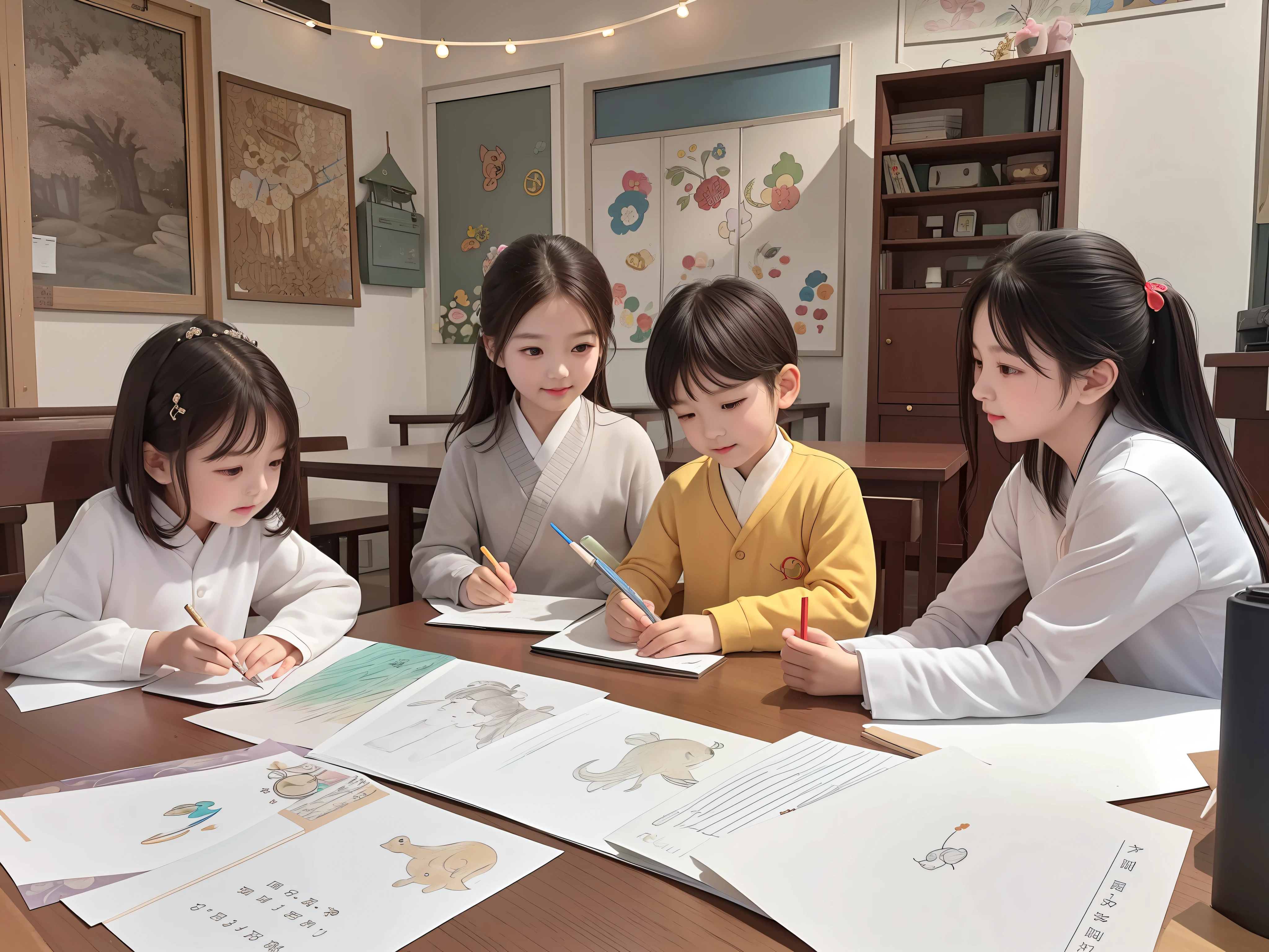 several children are sitting at a table with papers and pens, children, ???, child drawing, handsome, kids, photo taken in 2 0 2 0, intercreate masteration, jinyiwei, study, kids drawing, by Liao Chi-chun, photo taken in 2 0 2 0, exquisite masterpiece, Jinyiwei, study, kids drawing, by Liao Chi-chun, photo taken in 2018, family, Ni Yuanlu, school class, a photo, at home, writing,