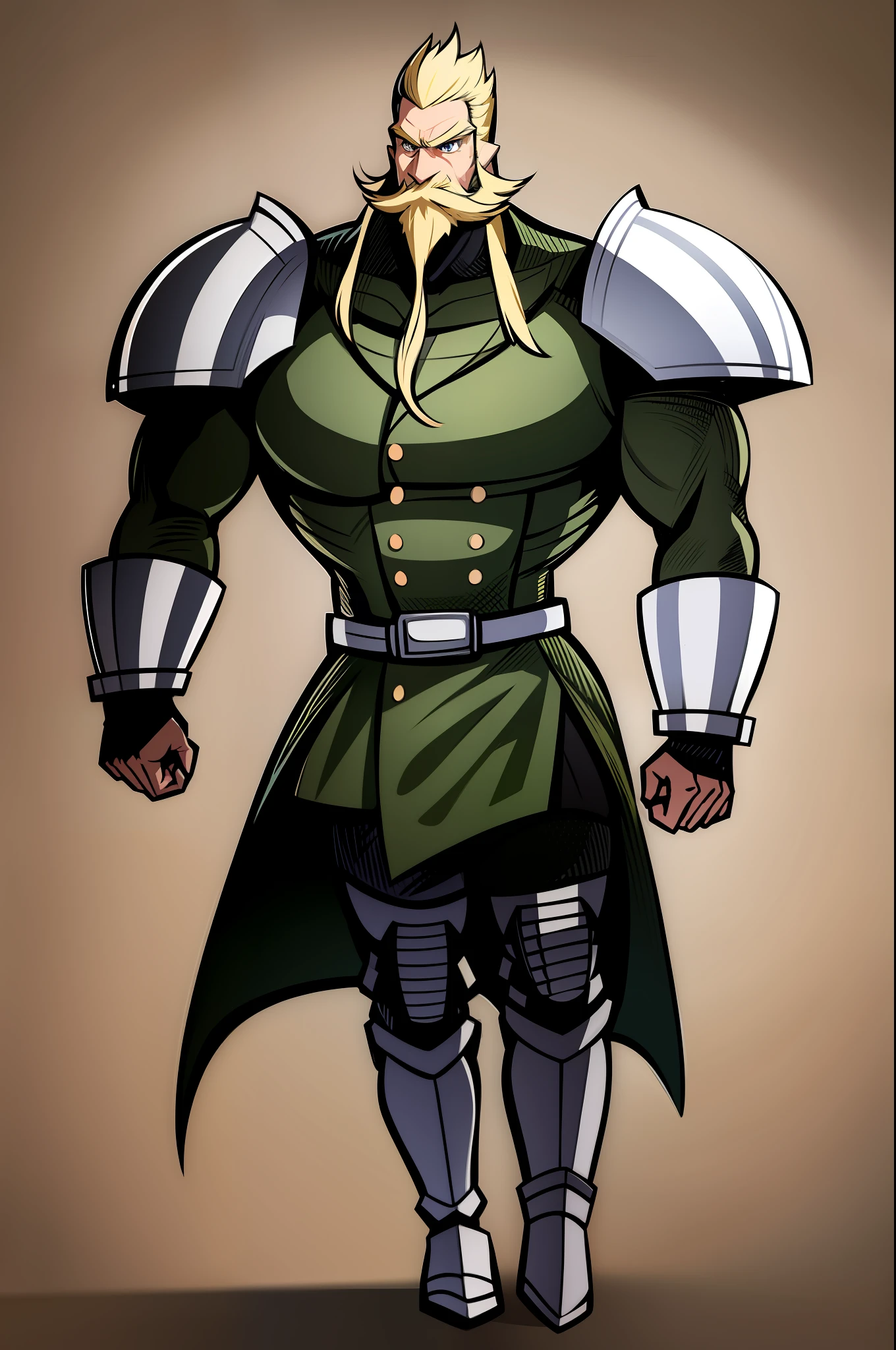 knight, full armor, mustach, mature male, muscular male, walking, blond hair, green eyes, walking, coat ,portrait, 1character, full body