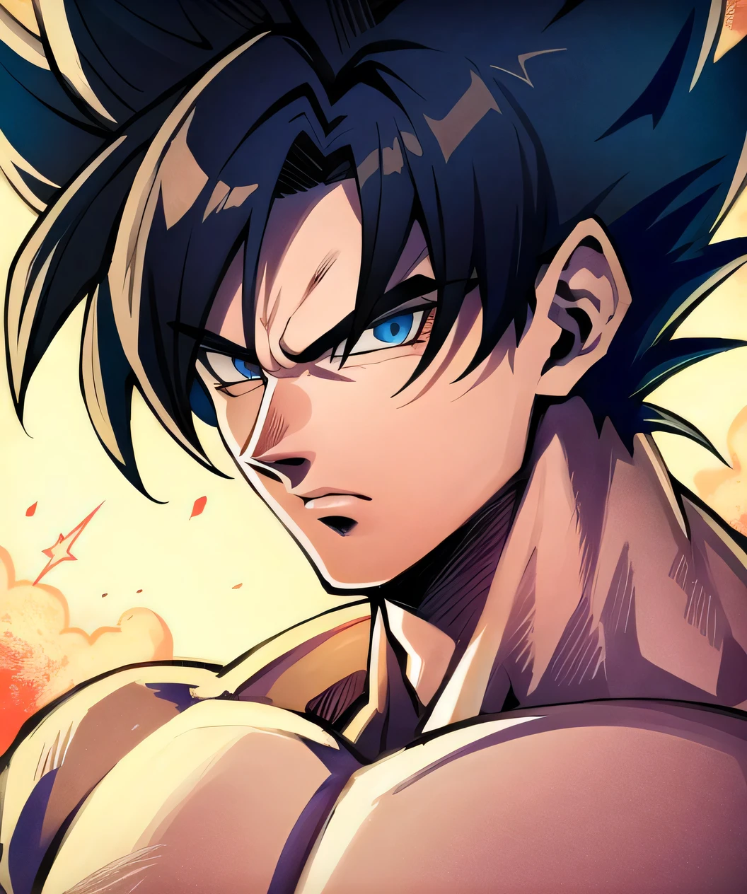 son goku, 1boy, battle damage, muscular, solo, torn clothes, looking straight, very detailed, hd, masterpiece, 8k, professional, symmetrical, (detailed eyes, eye iris:1.2), (looking at the camera:0.8) in the style of dragon ball z, blue eyes, yellow hair, super saiyan 2, SSj2, sparking