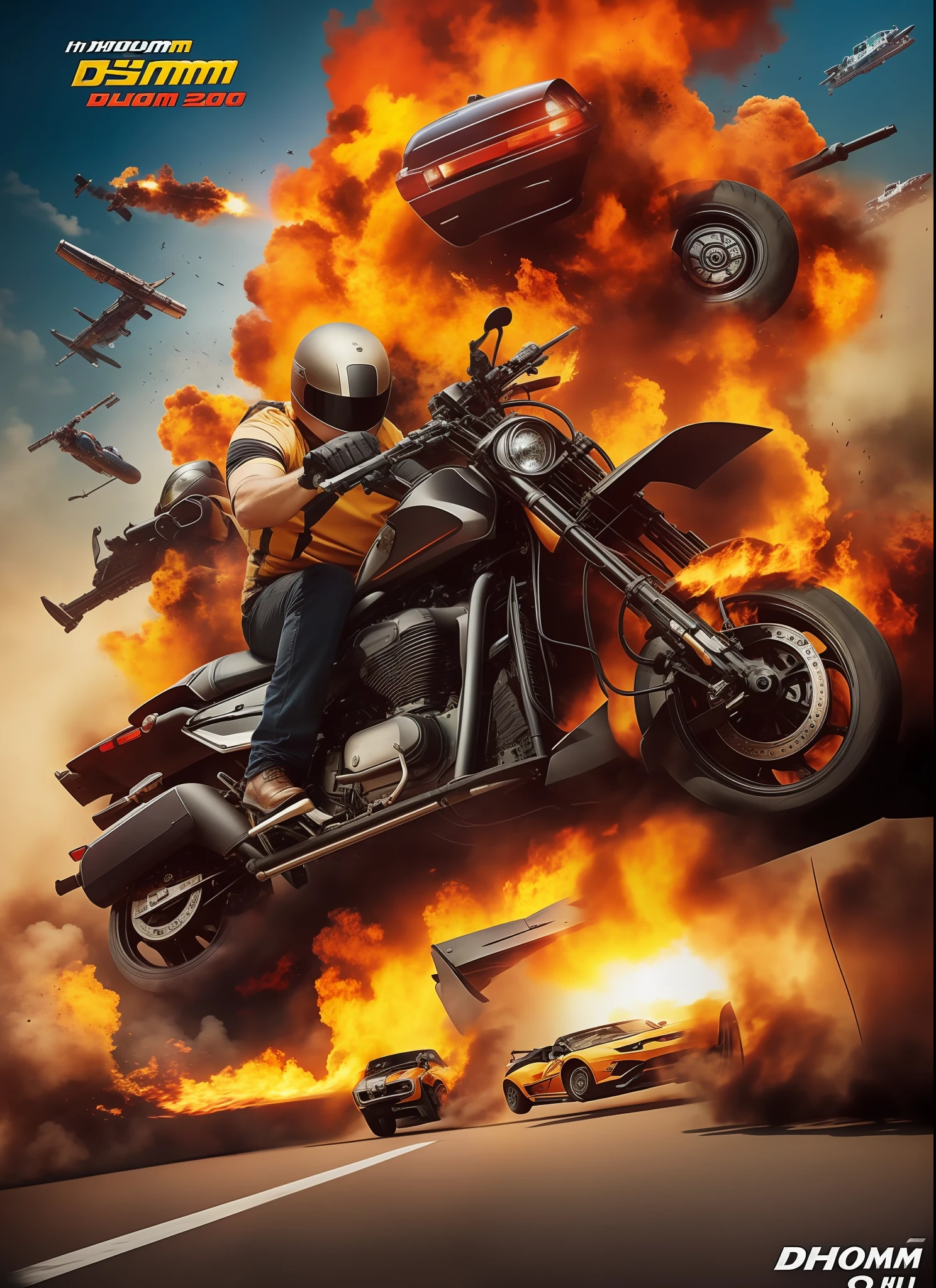 Dhoom movie poster, explosions, guns, cars, planes