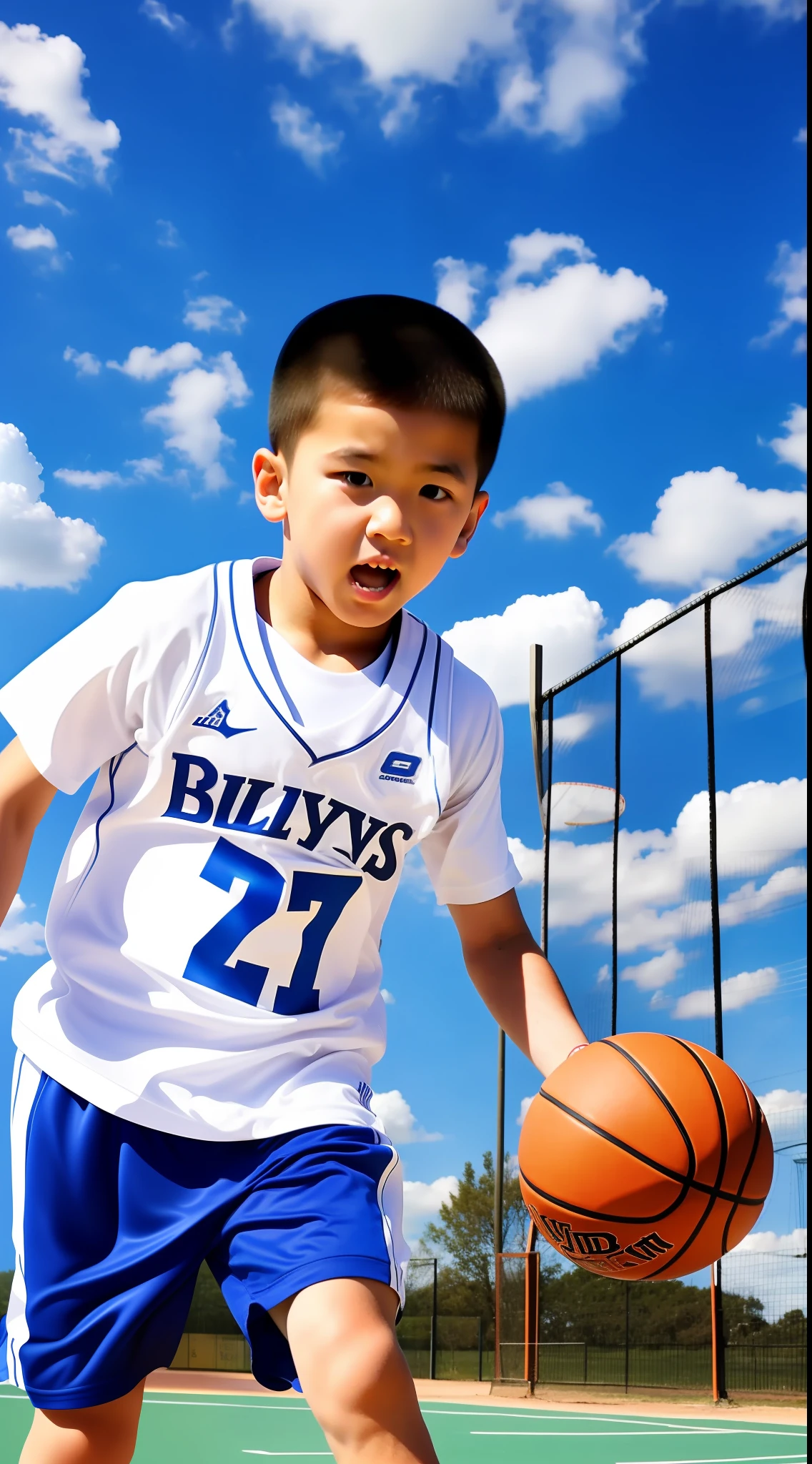 Under the blue sky and white clouds, on the basketball court, there is a boy playing basketball