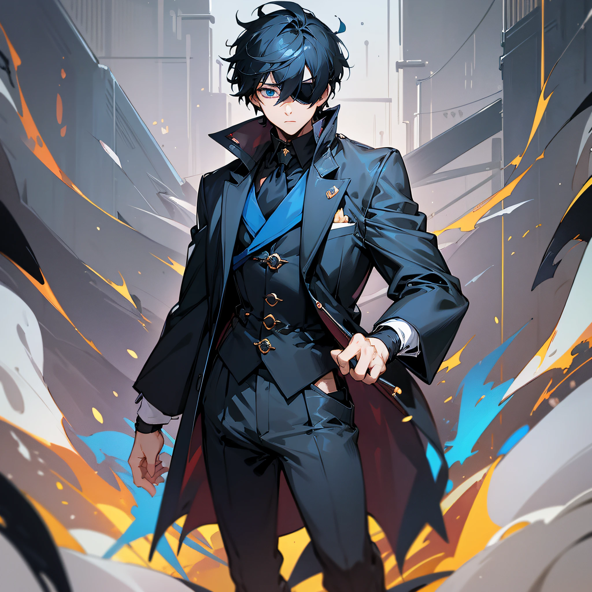 ((masterpiece)), ((good quality)), anime boy, short hair, full body, eyepatch on the right eye, black overcoat, blue flames in the right hand, arm band. --auto --s2