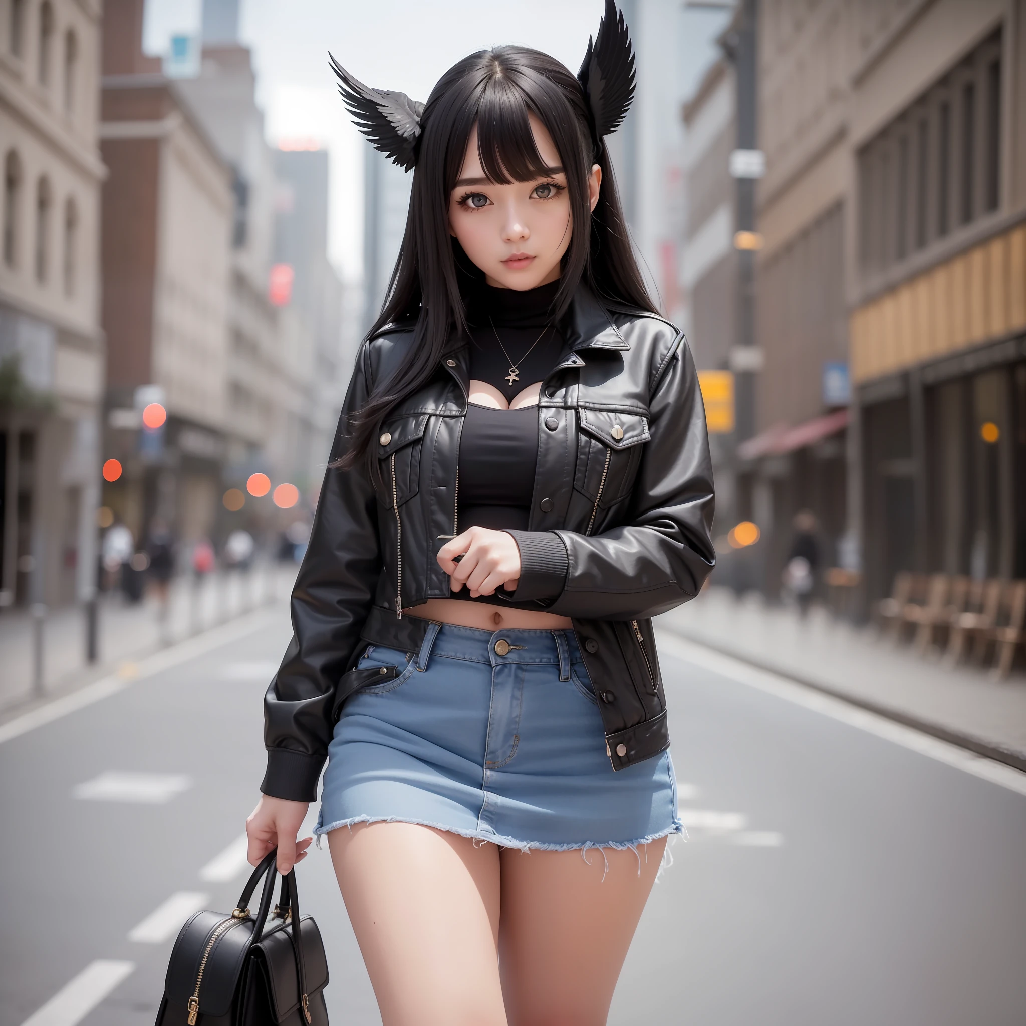 28-year-old girl, cute type, medium long hair, oblique bangs, beautiful black big eyes, high nose, thick nose wings, cherry cute small mouth, slightly chubby body, medium breasts, denim small jacket, black short skirt, black high heels, beautiful scenery