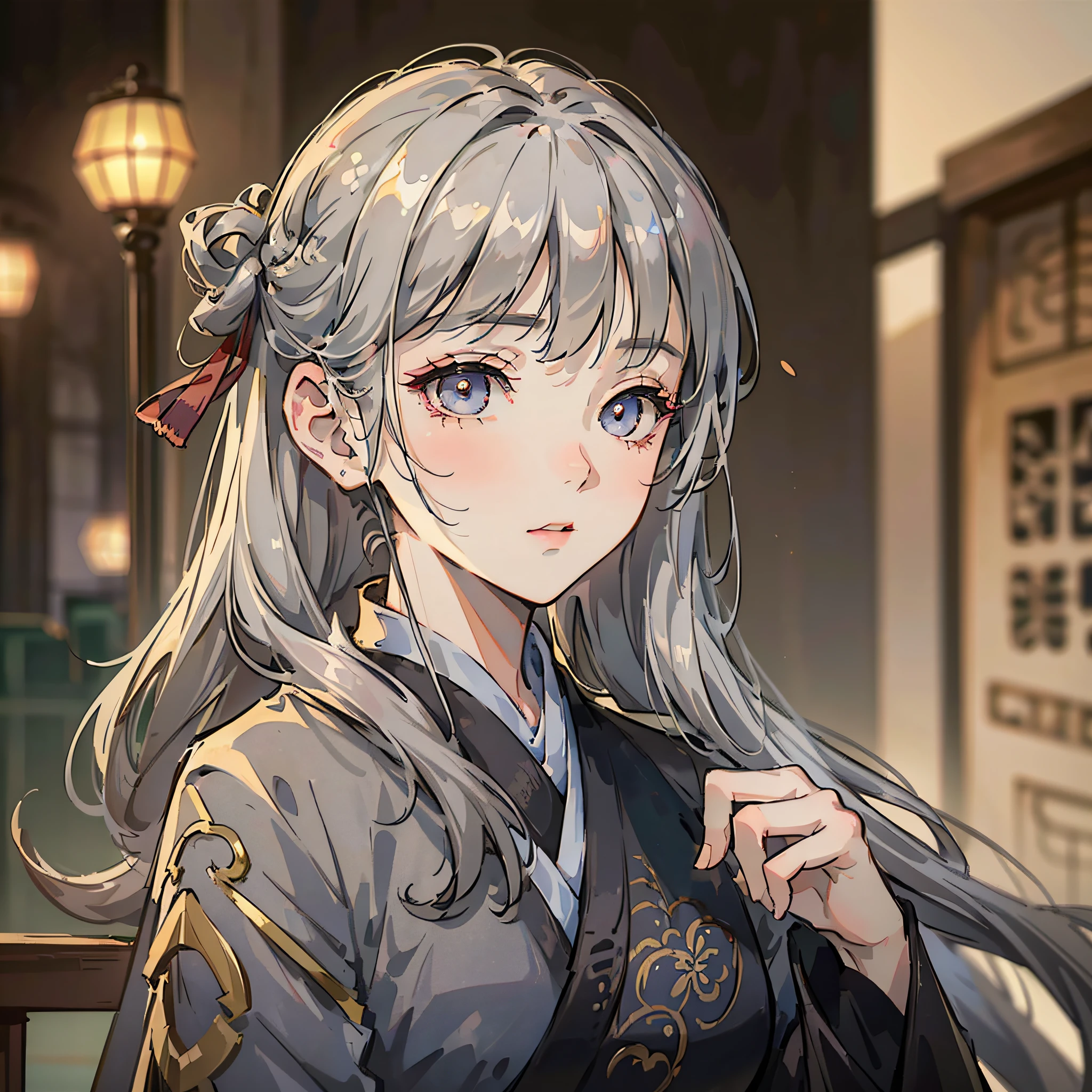 (Masterpiece, Best Quality, Mature Girl, Floating Gray Hair, Delicate Eyes, Antique Hanfu, High Depth of Field, F1.8 Aperture, Dramatic Side Lighting, Complex Scenes) --auto --s2