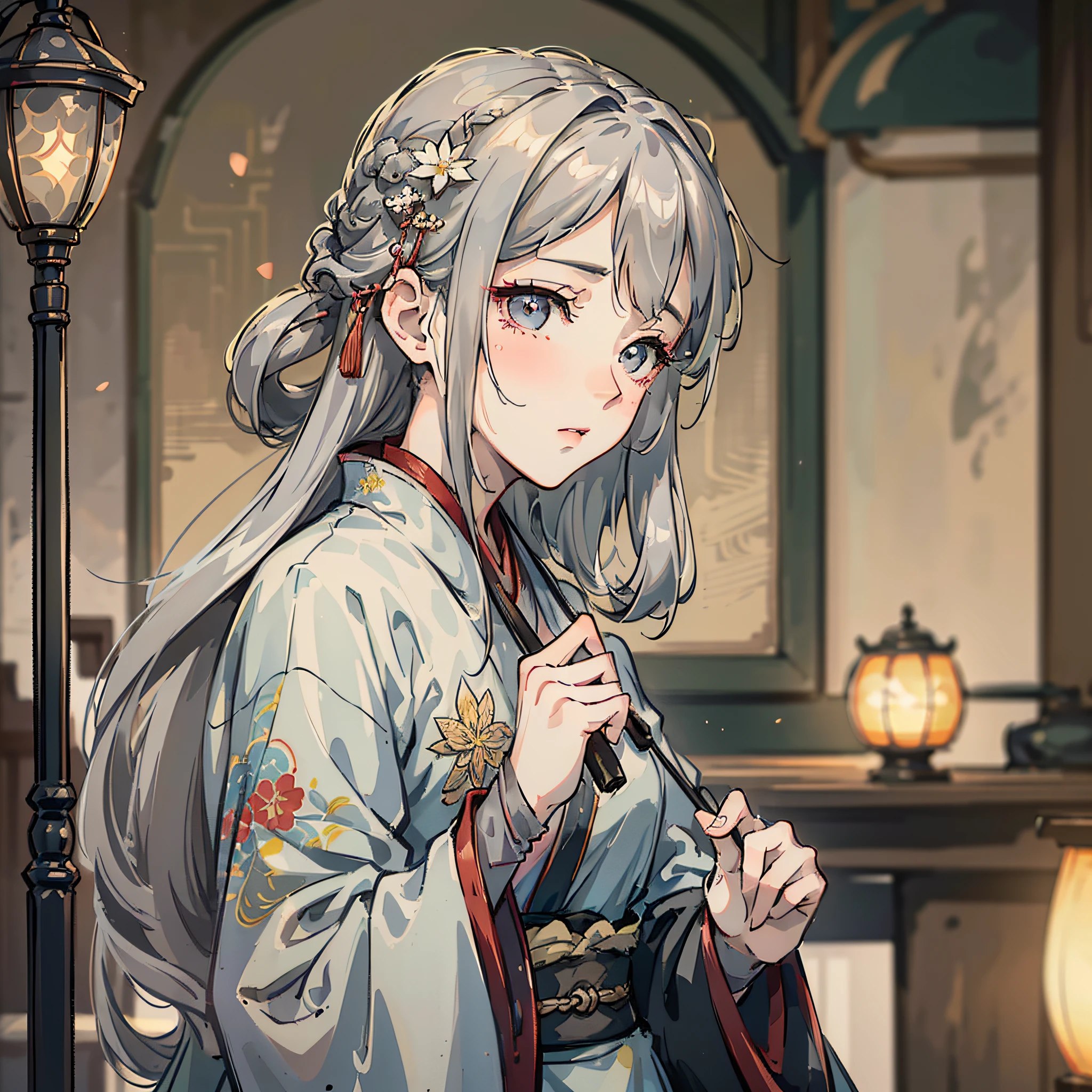 (Masterpiece, Best Quality, Mature Girl, Floating Gray Hair, Delicate Eyes, Antique Hanfu, High Depth of Field, F1.8 Aperture, Dramatic Side Lighting, Complex Scenes) --auto --s2